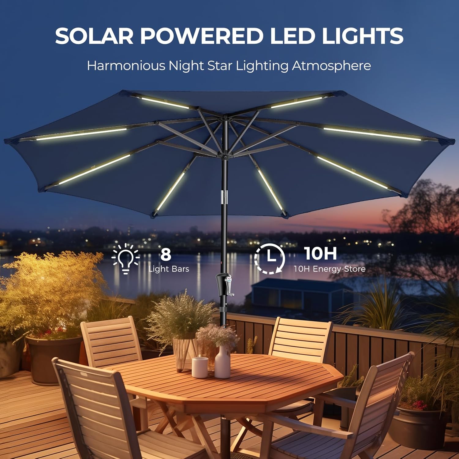 9 Feet Solar Patio Umbrella LED Lighted Market Umbrella with Crank & Push Button Tilt