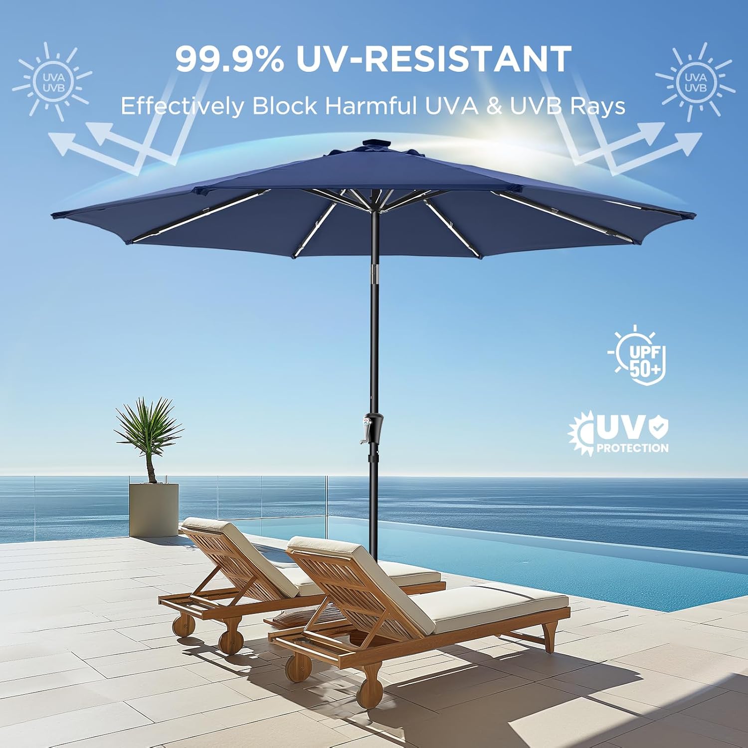 9 Feet Solar Patio Umbrella LED Lighted Market Umbrella with Crank & Push Button Tilt