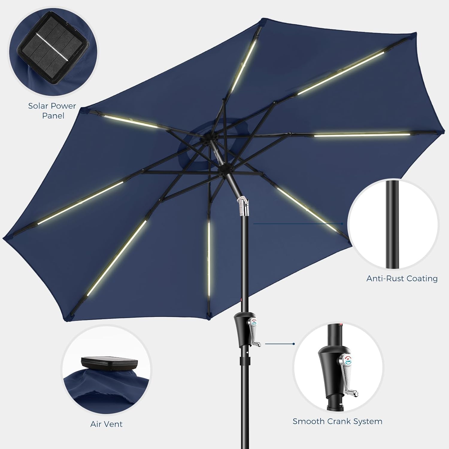9 Feet Solar Patio Umbrella LED Lighted Market Umbrella with Crank & Push Button Tilt
