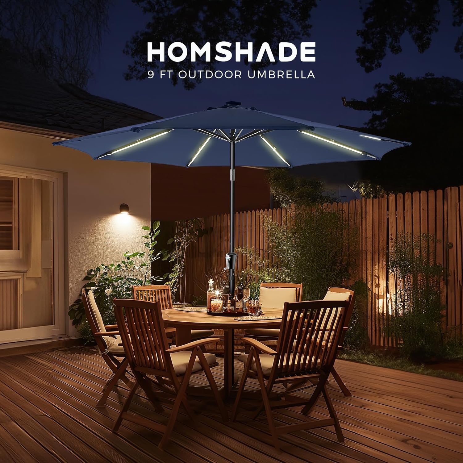9 Feet Solar Patio Umbrella LED Lighted Market Umbrella with Crank & Push Button Tilt