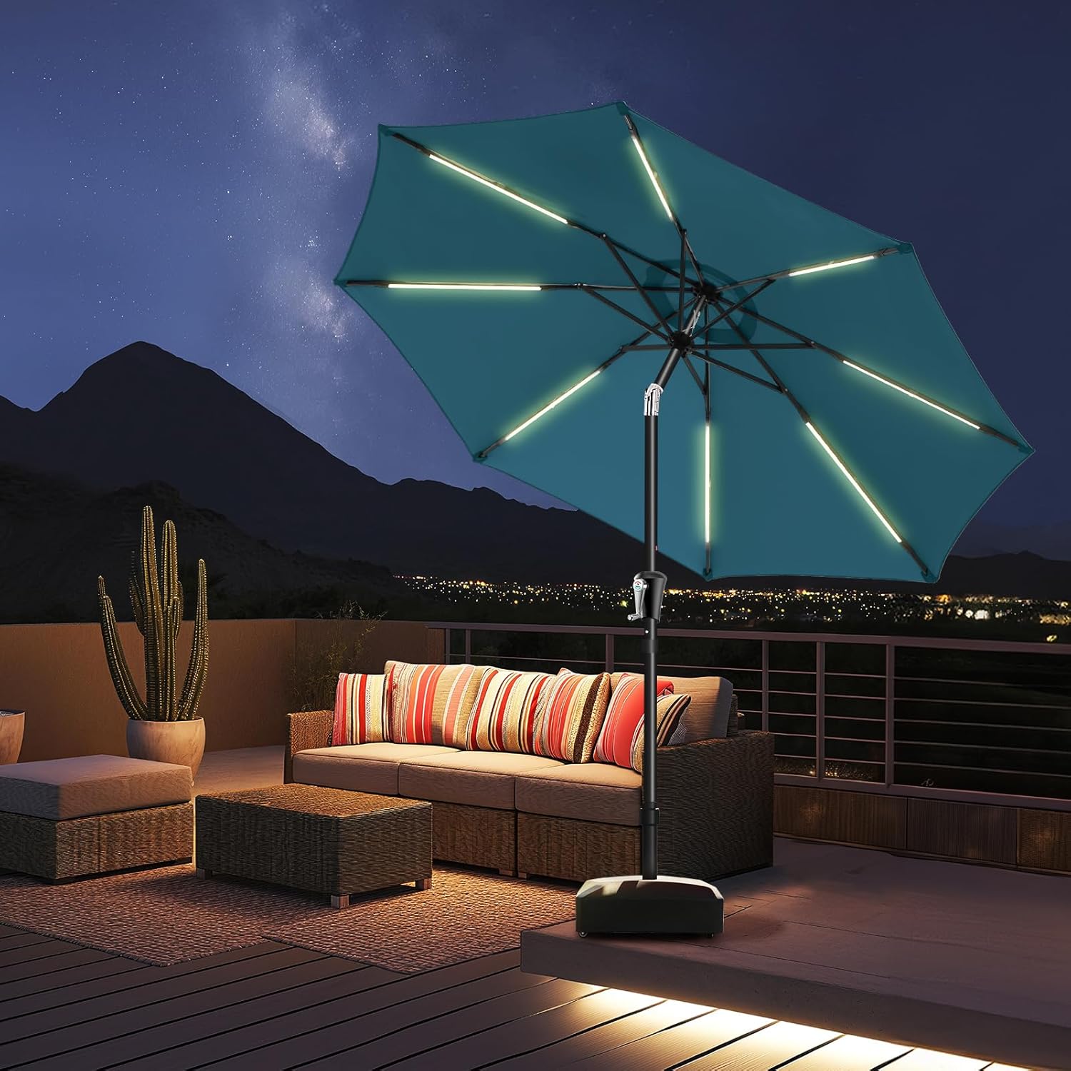 9 Feet Solar Patio Umbrella LED Lighted Market Umbrella with Crank & Push Button Tilt