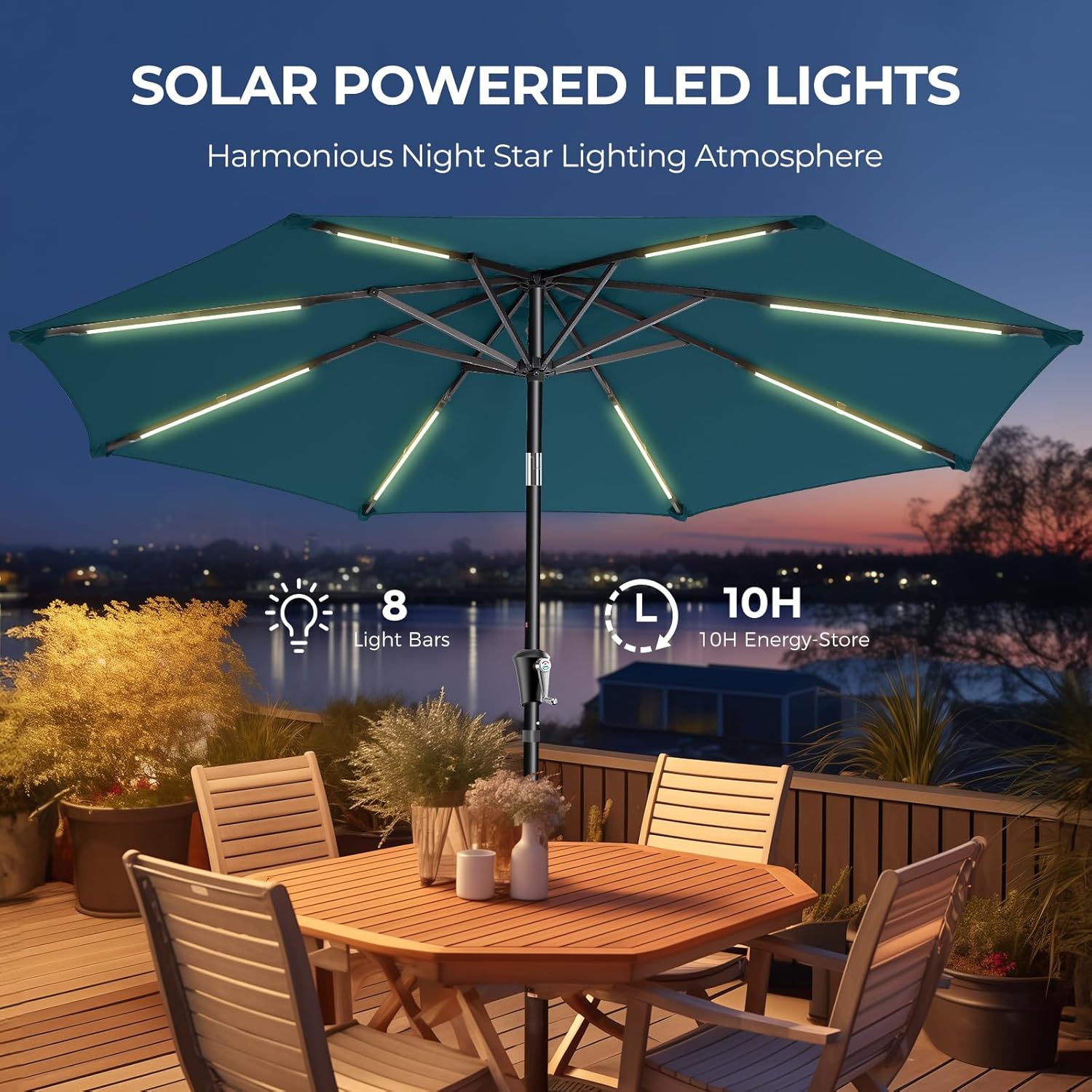 9 Feet Solar Patio Umbrella LED Lighted Market Umbrella with Crank & Push Button Tilt