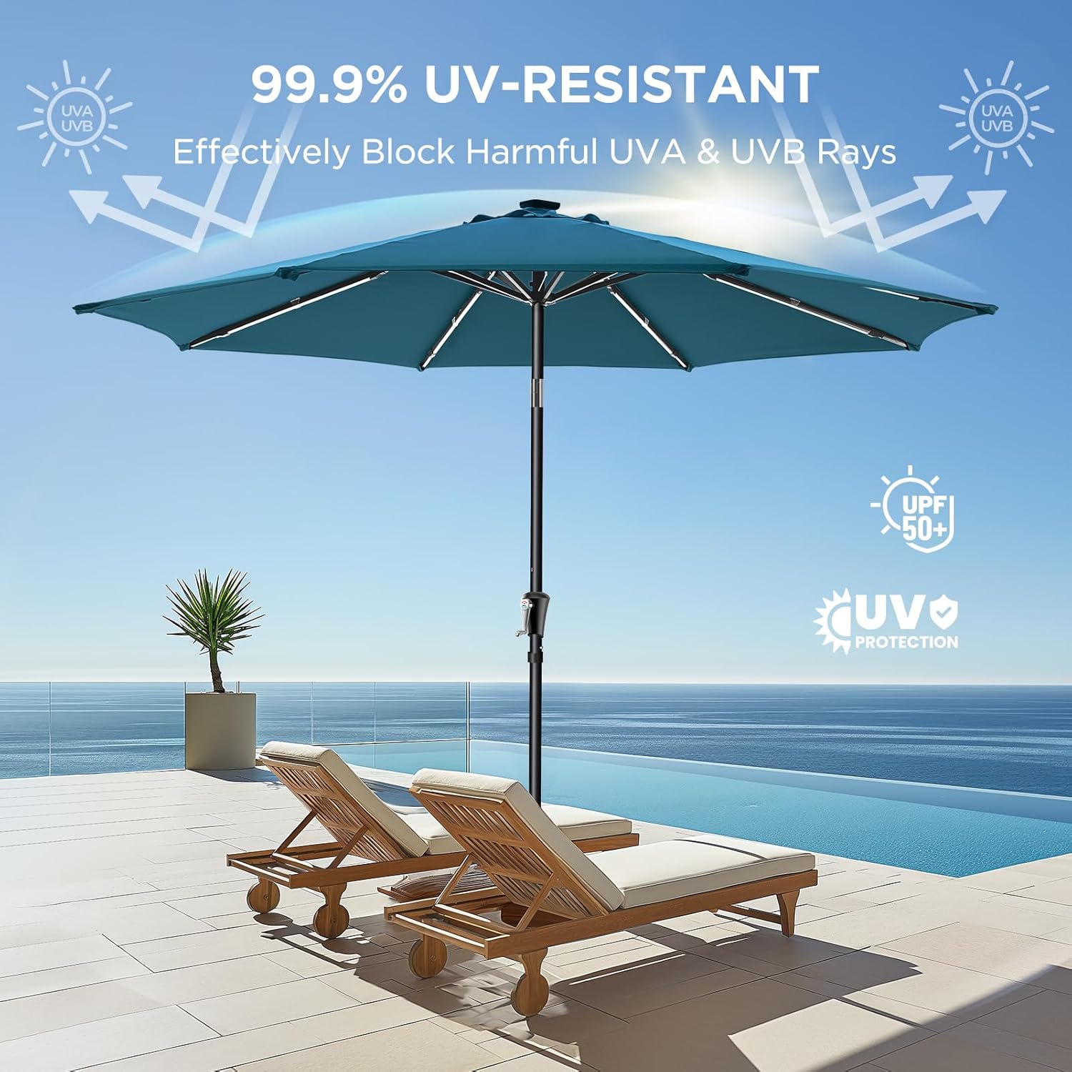 9 Feet Solar Patio Umbrella LED Lighted Market Umbrella with Crank & Push Button Tilt