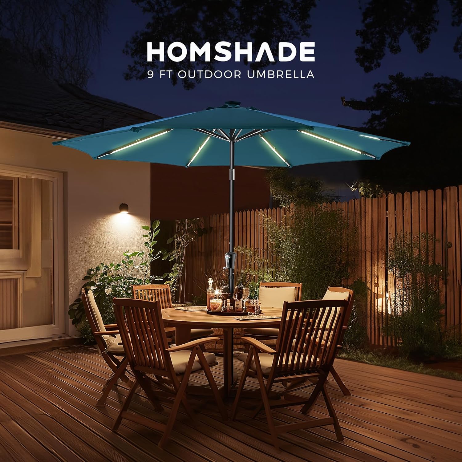9 Feet Solar Patio Umbrella LED Lighted Market Umbrella with Crank & Push Button Tilt