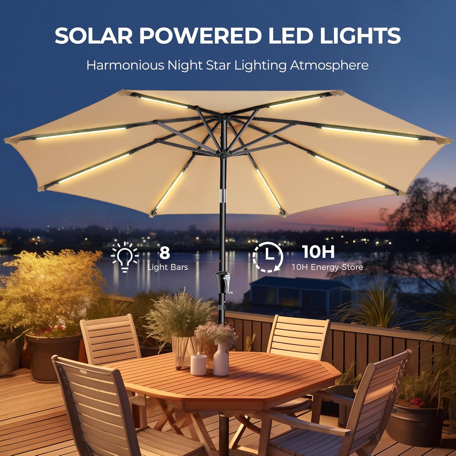 9 Feet Solar Patio Umbrella LED Lighted Market Umbrella with Crank & Push Button Tilt