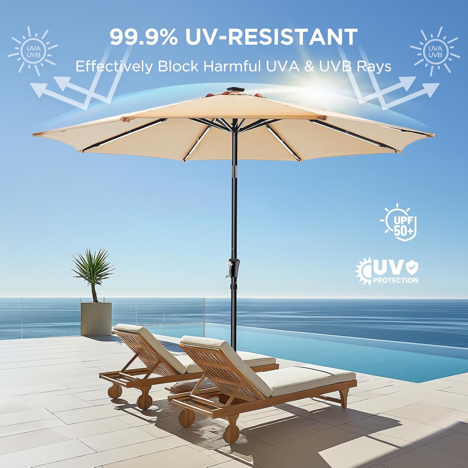 9 Feet Solar Patio Umbrella LED Lighted Market Umbrella with Crank & Push Button Tilt