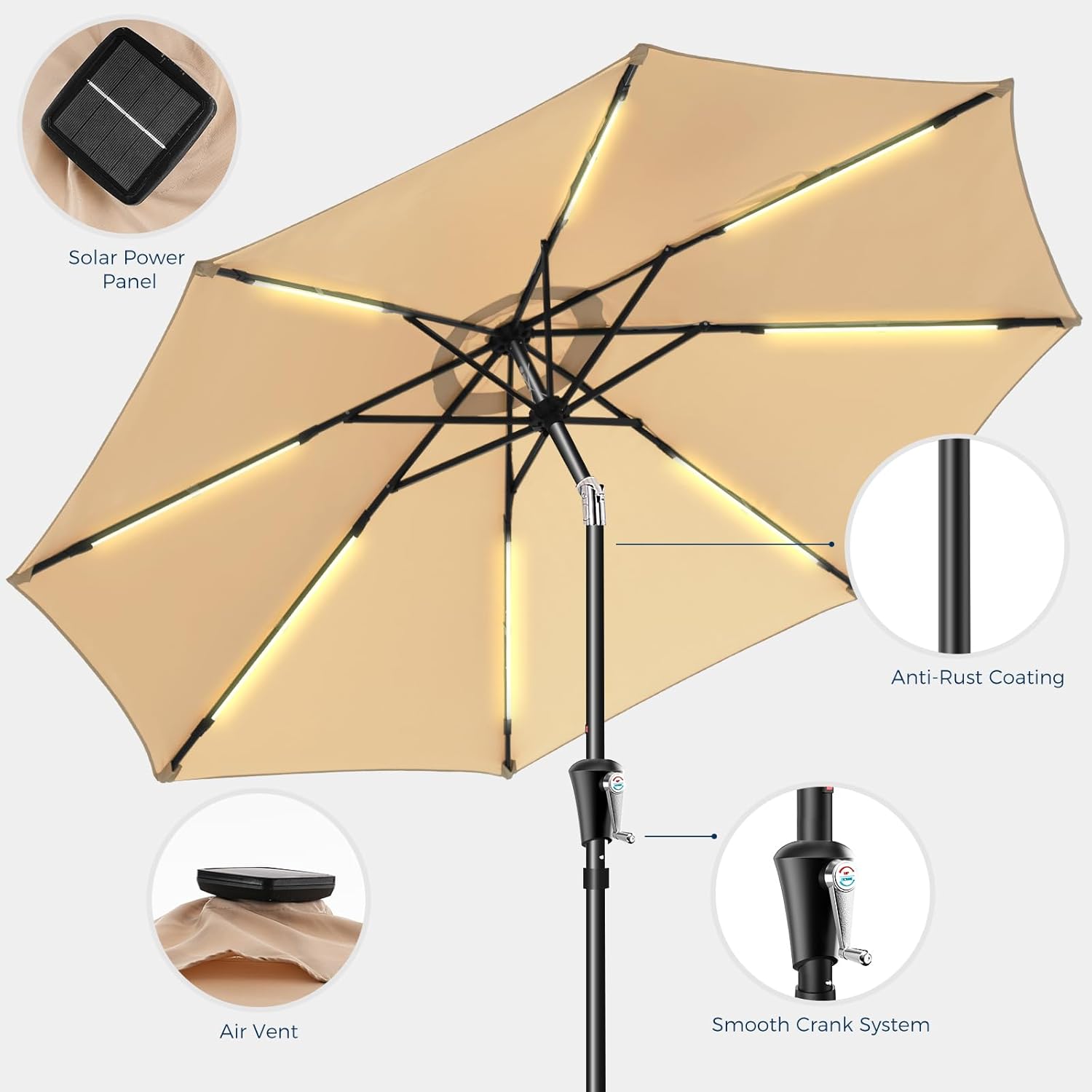 9 Feet Solar Patio Umbrella LED Lighted Market Umbrella with Crank & Push Button Tilt