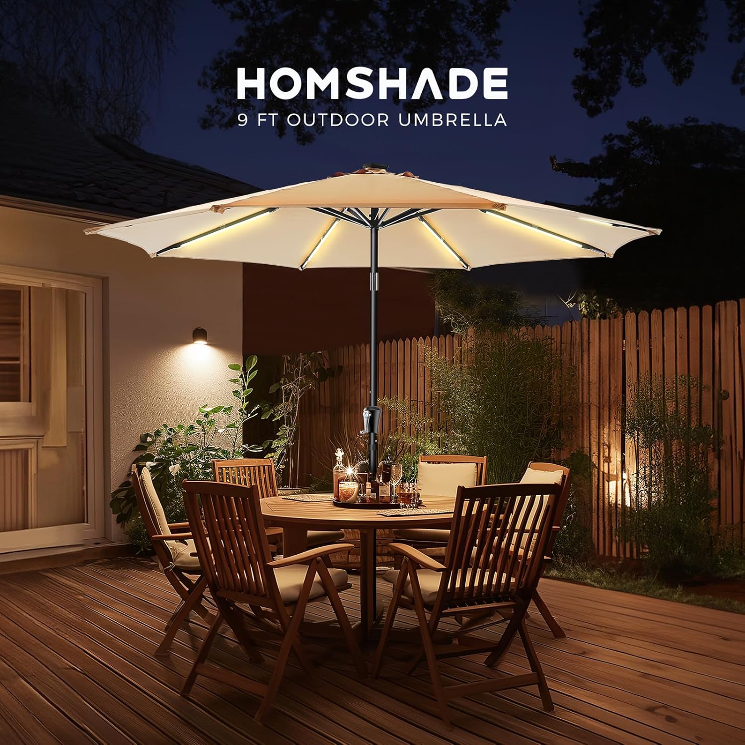 9 Feet Solar Patio Umbrella LED Lighted Market Umbrella with Crank & Push Button Tilt