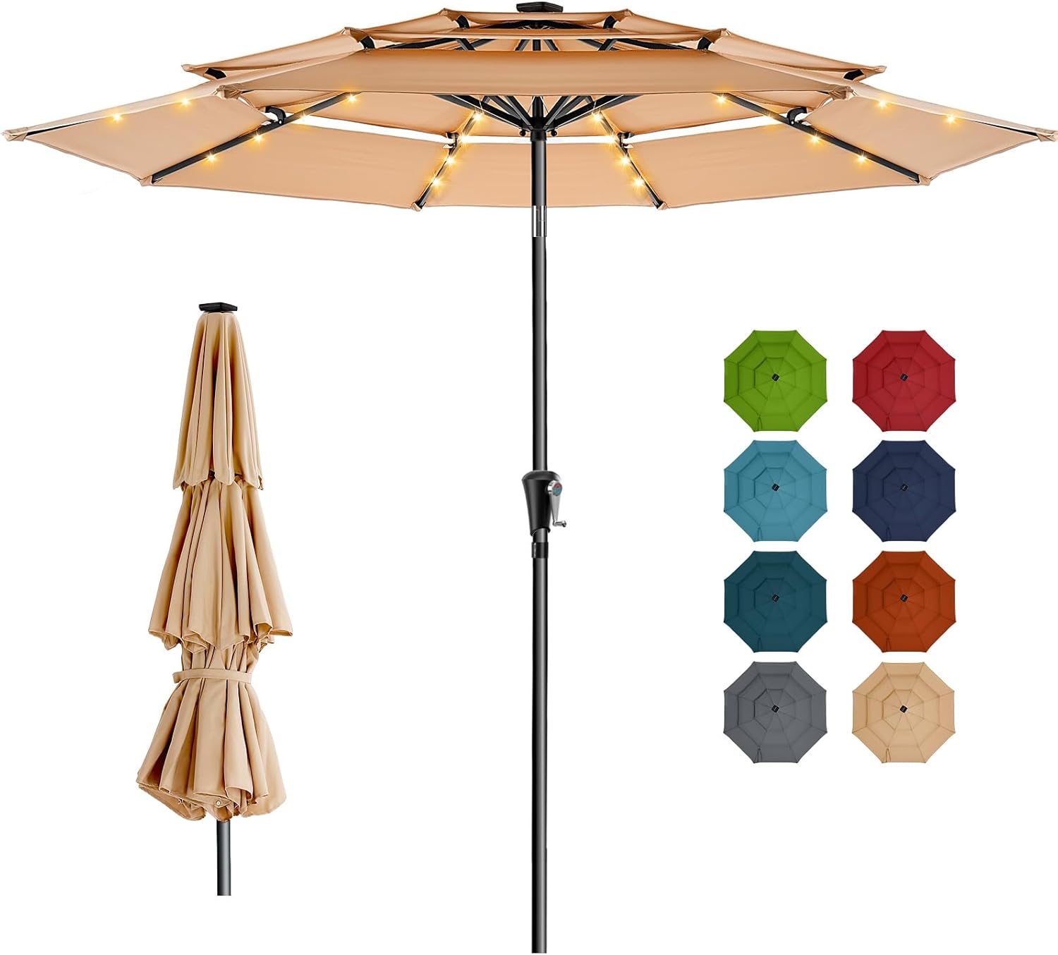9 Feet 3-Tier Solar Patio Umbrella Heavy Duty, Vented Market Table Umbrella Windproof with 32 LED Lights,No Base