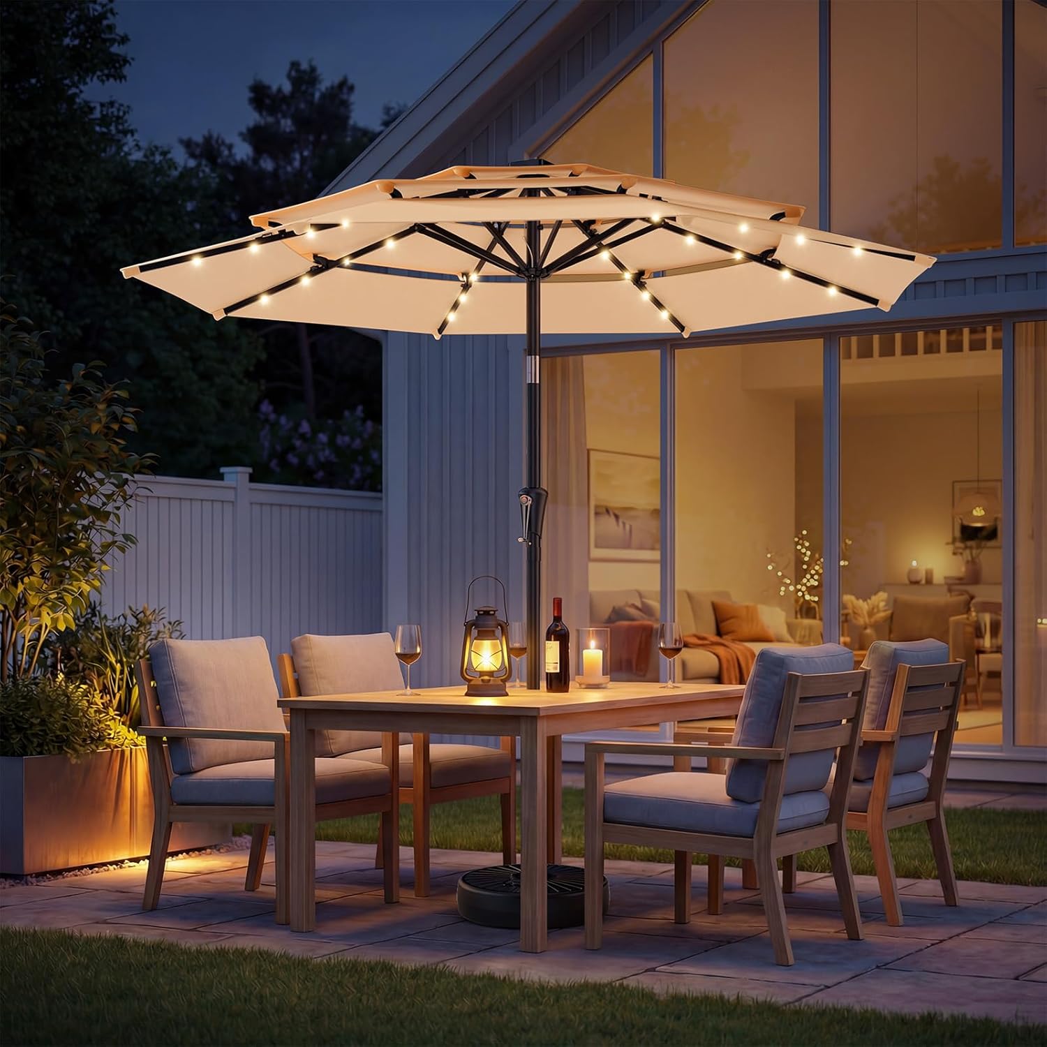 9 Feet 3-Tier Solar Patio Umbrella Heavy Duty, Vented Market Table Umbrella Windproof with 32 LED Lights,No Base