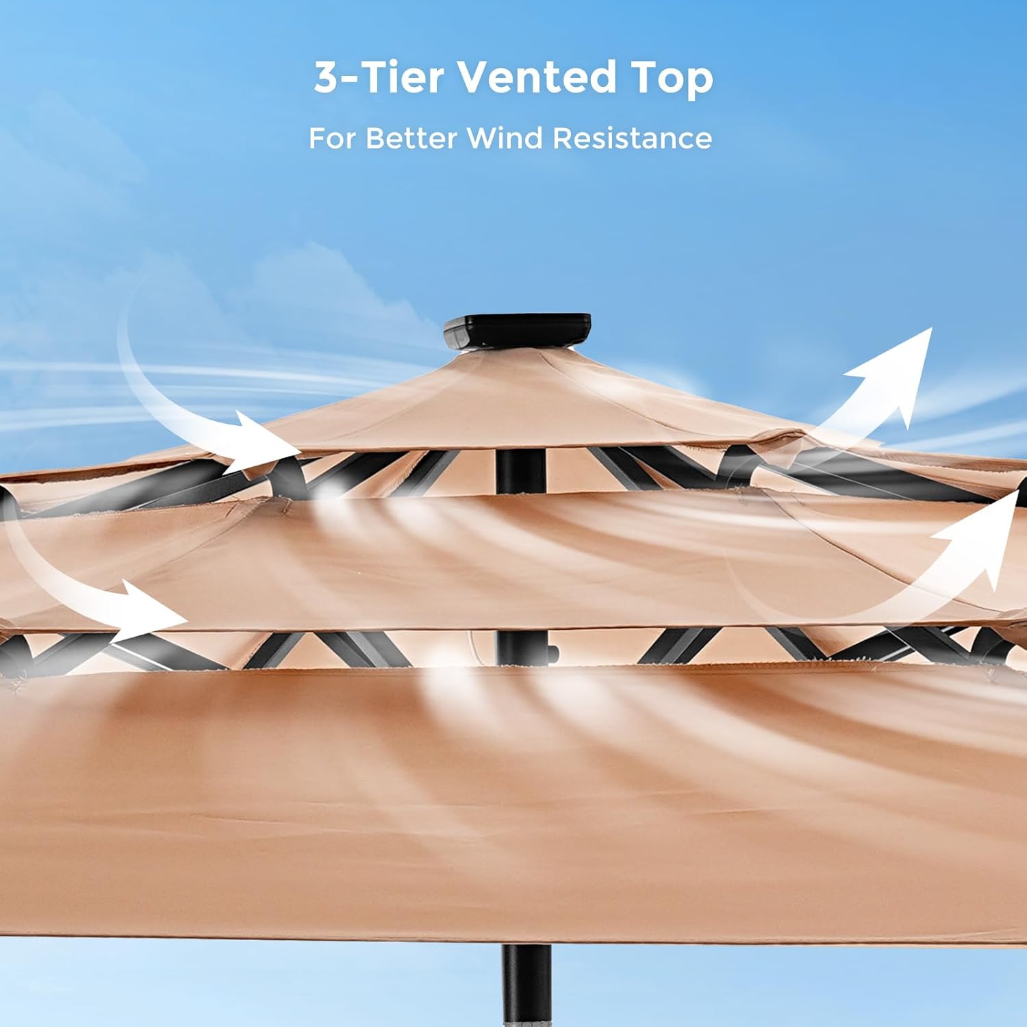 9 Feet 3-Tier Solar Patio Umbrella Heavy Duty, Vented Market Table Umbrella Windproof with 32 LED Lights,No Base