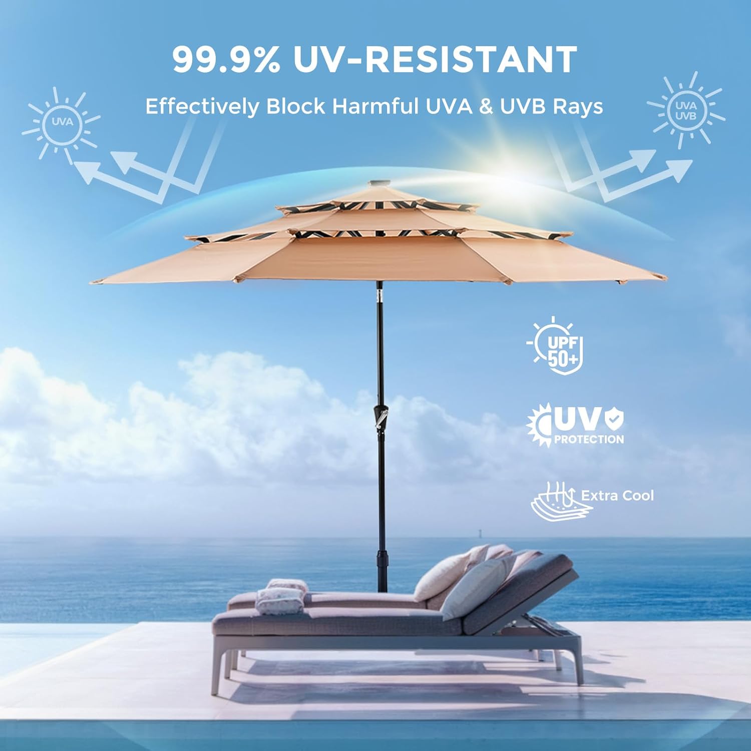 9 Feet 3-Tier Solar Patio Umbrella Heavy Duty, Vented Market Table Umbrella Windproof with 32 LED Lights,No Base