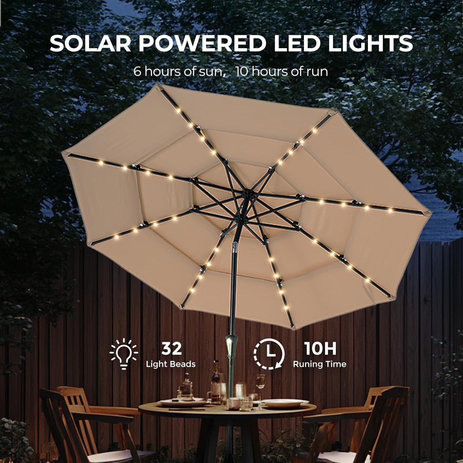 9 Feet 3-Tier Solar Patio Umbrella Heavy Duty, Vented Market Table Umbrella Windproof with 32 LED Lights,No Base