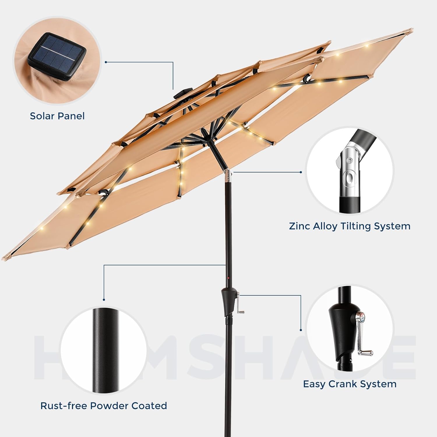 9 Feet 3-Tier Solar Patio Umbrella Heavy Duty, Vented Market Table Umbrella Windproof with 32 LED Lights,No Base