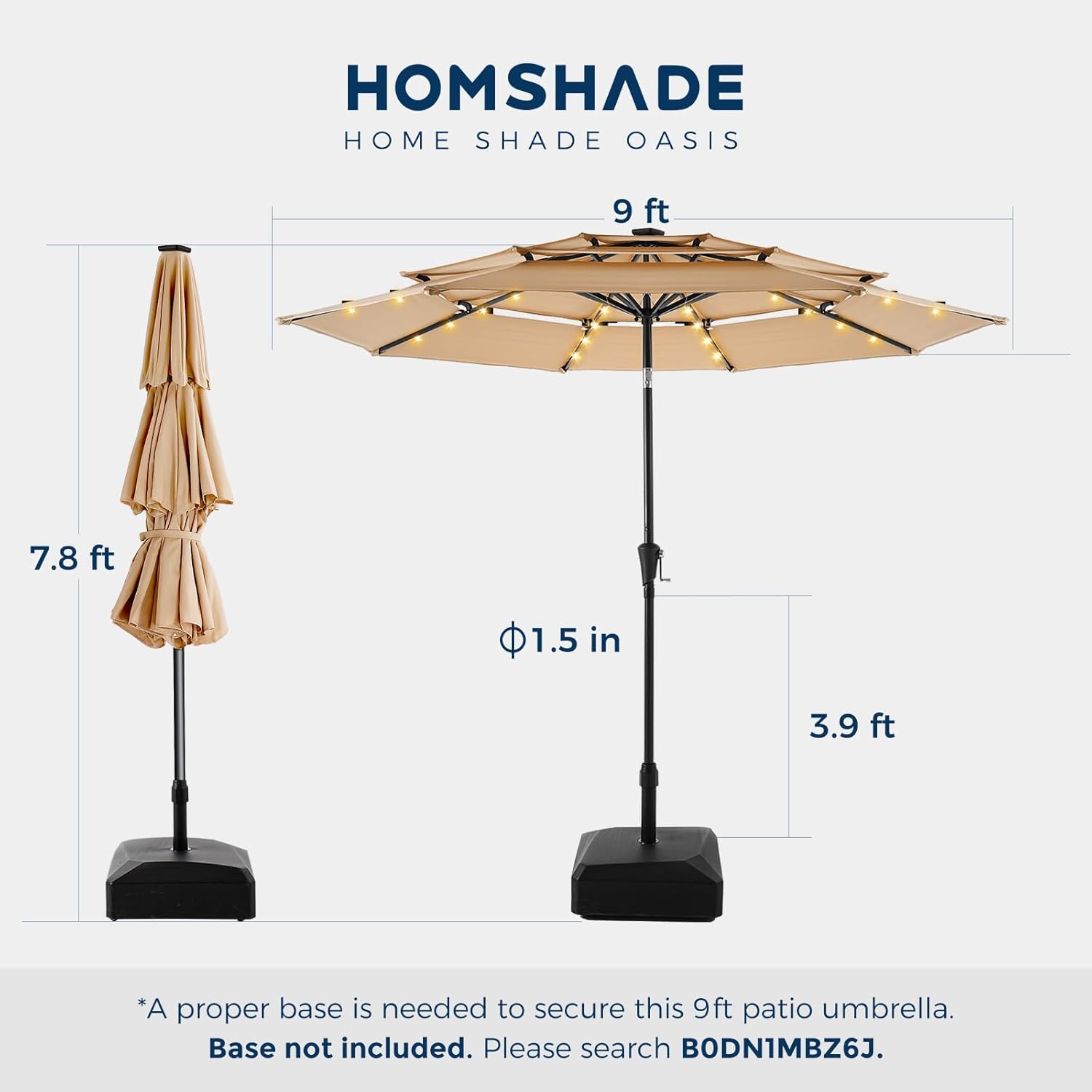 9 Feet 3-Tier Solar Patio Umbrella Heavy Duty, Vented Market Table Umbrella Windproof with 32 LED Lights,No Base