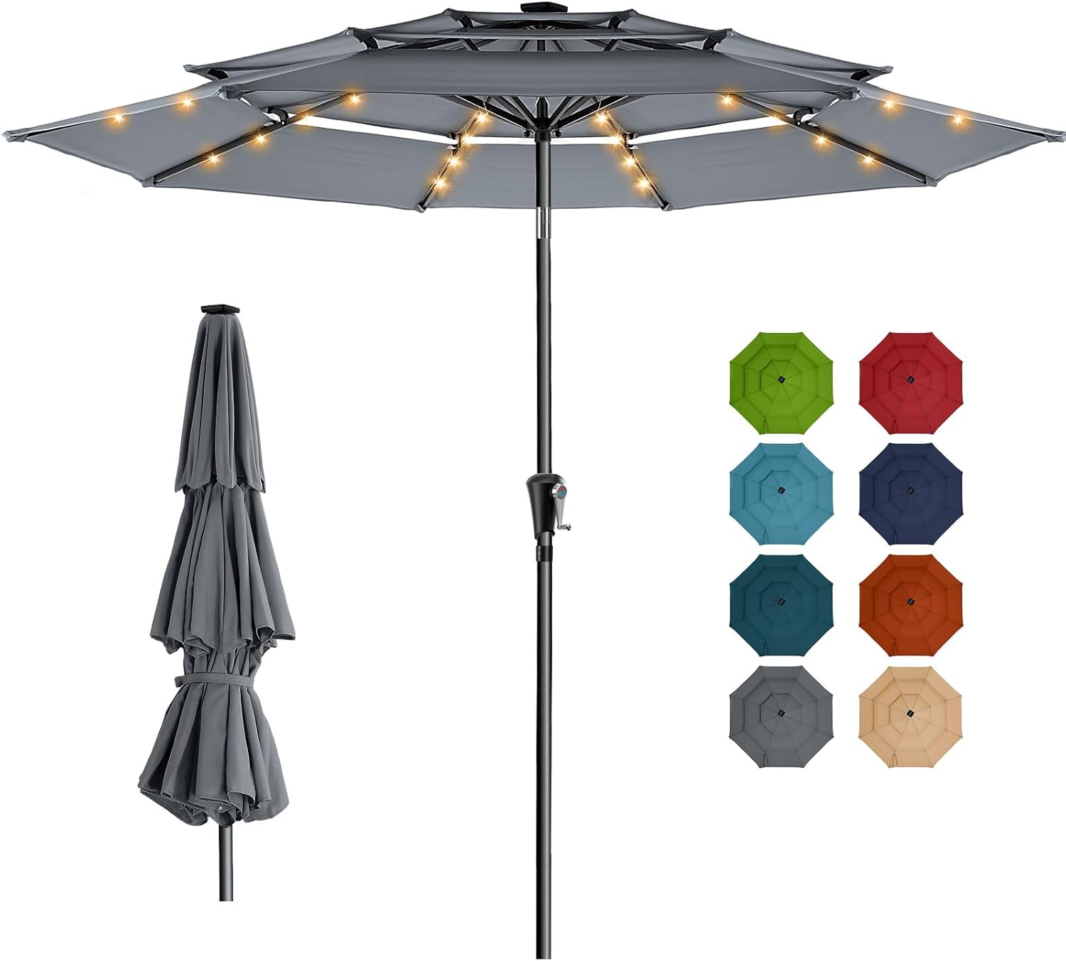 9 Feet 3-Tier Solar Patio Umbrella Heavy Duty, Vented Market Table Umbrella Windproof with 32 LED Lights,No Base