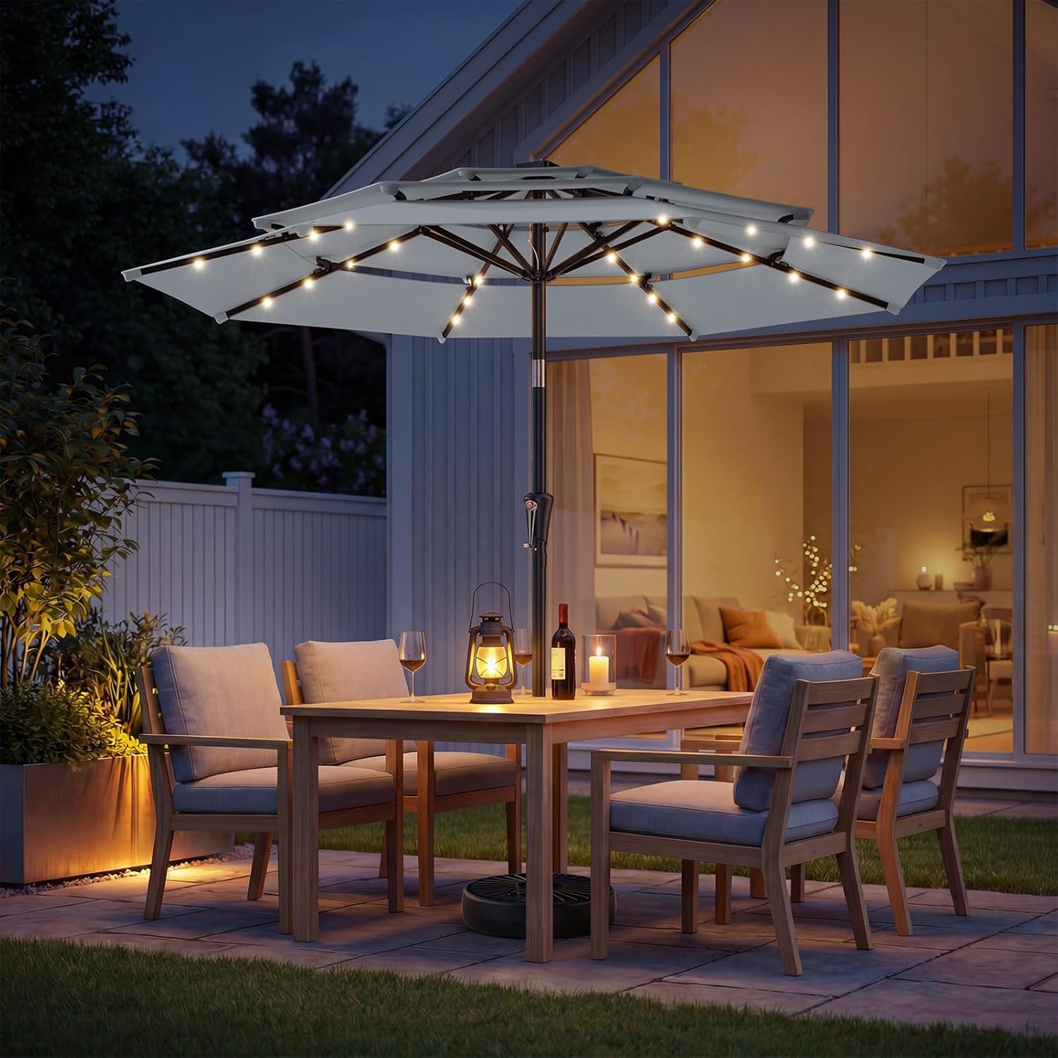 9 Feet 3-Tier Solar Patio Umbrella Heavy Duty, Vented Market Table Umbrella Windproof with 32 LED Lights,No Base