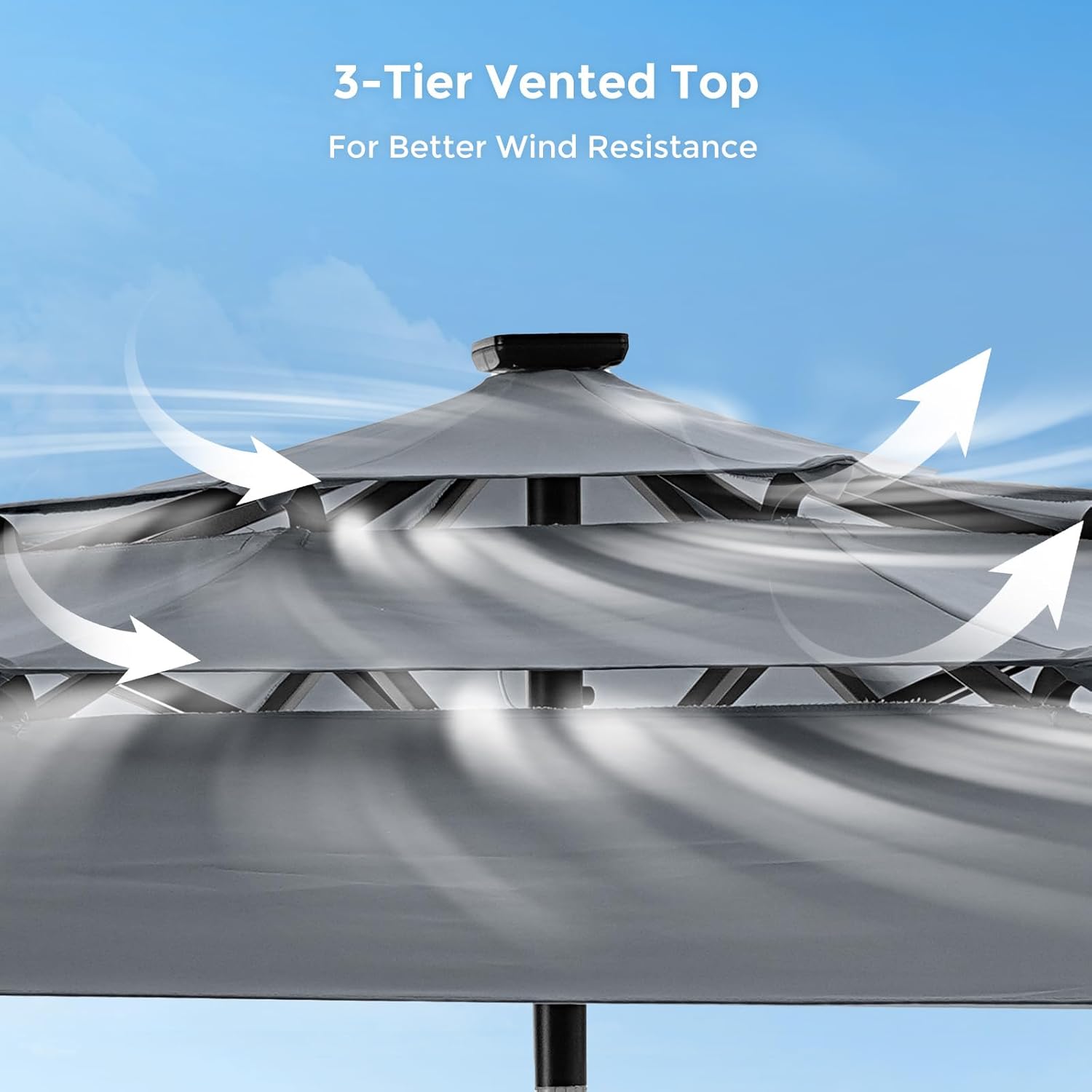9 Feet 3-Tier Solar Patio Umbrella Heavy Duty, Vented Market Table Umbrella Windproof with 32 LED Lights,No Base