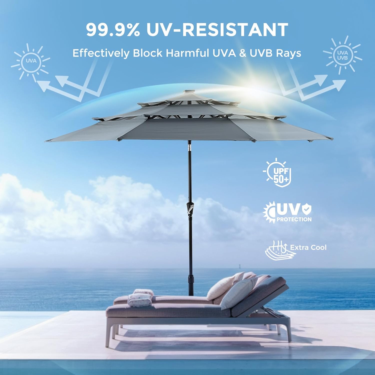 9 Feet 3-Tier Solar Patio Umbrella Heavy Duty, Vented Market Table Umbrella Windproof with 32 LED Lights,No Base