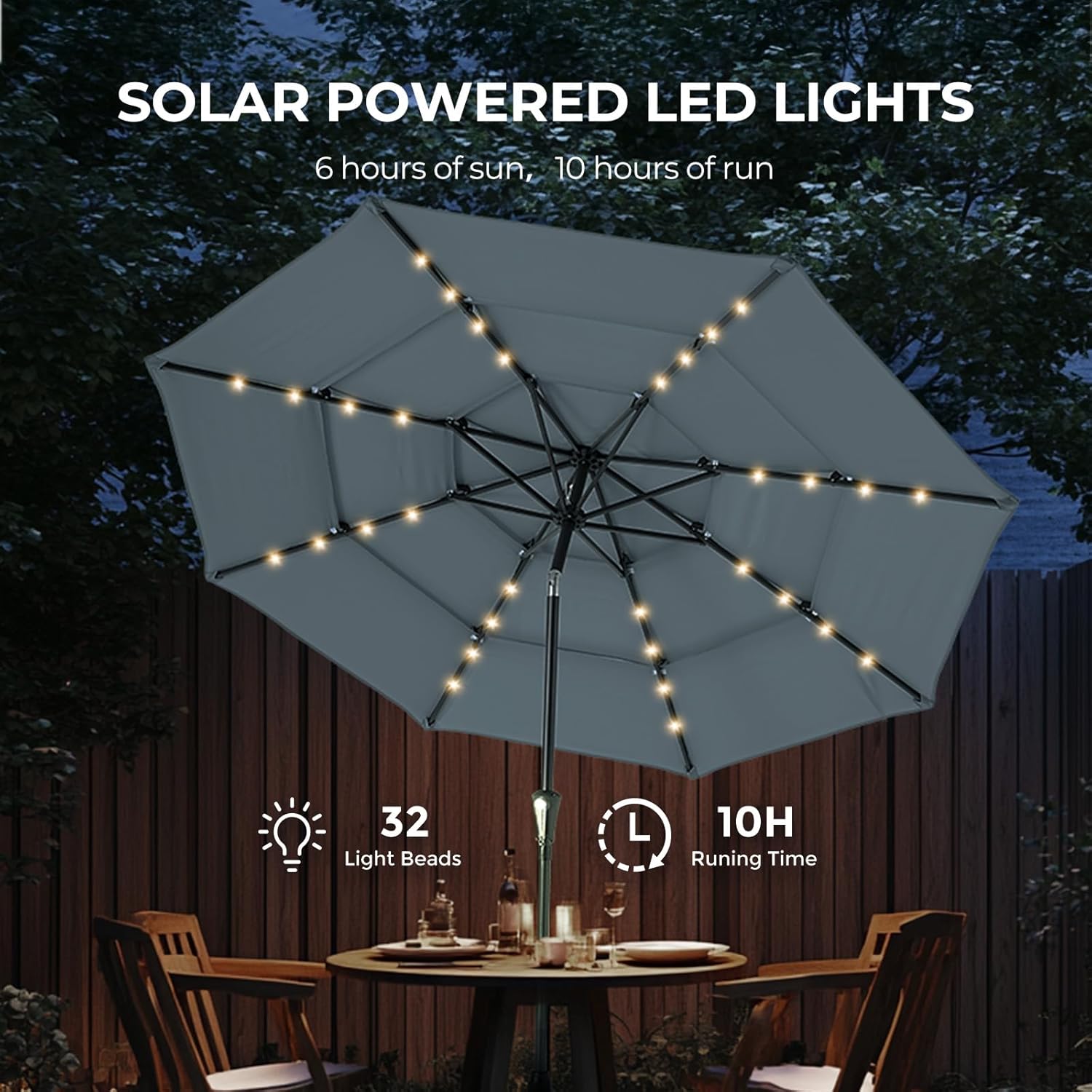 9 Feet 3-Tier Solar Patio Umbrella Heavy Duty, Vented Market Table Umbrella Windproof with 32 LED Lights,No Base