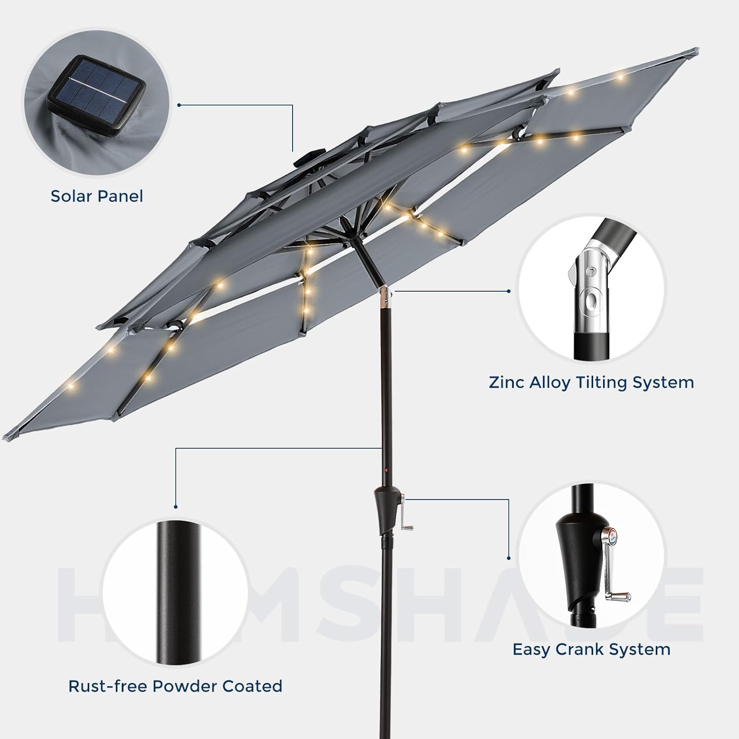 9 Feet 3-Tier Solar Patio Umbrella Heavy Duty, Vented Market Table Umbrella Windproof with 32 LED Lights,No Base