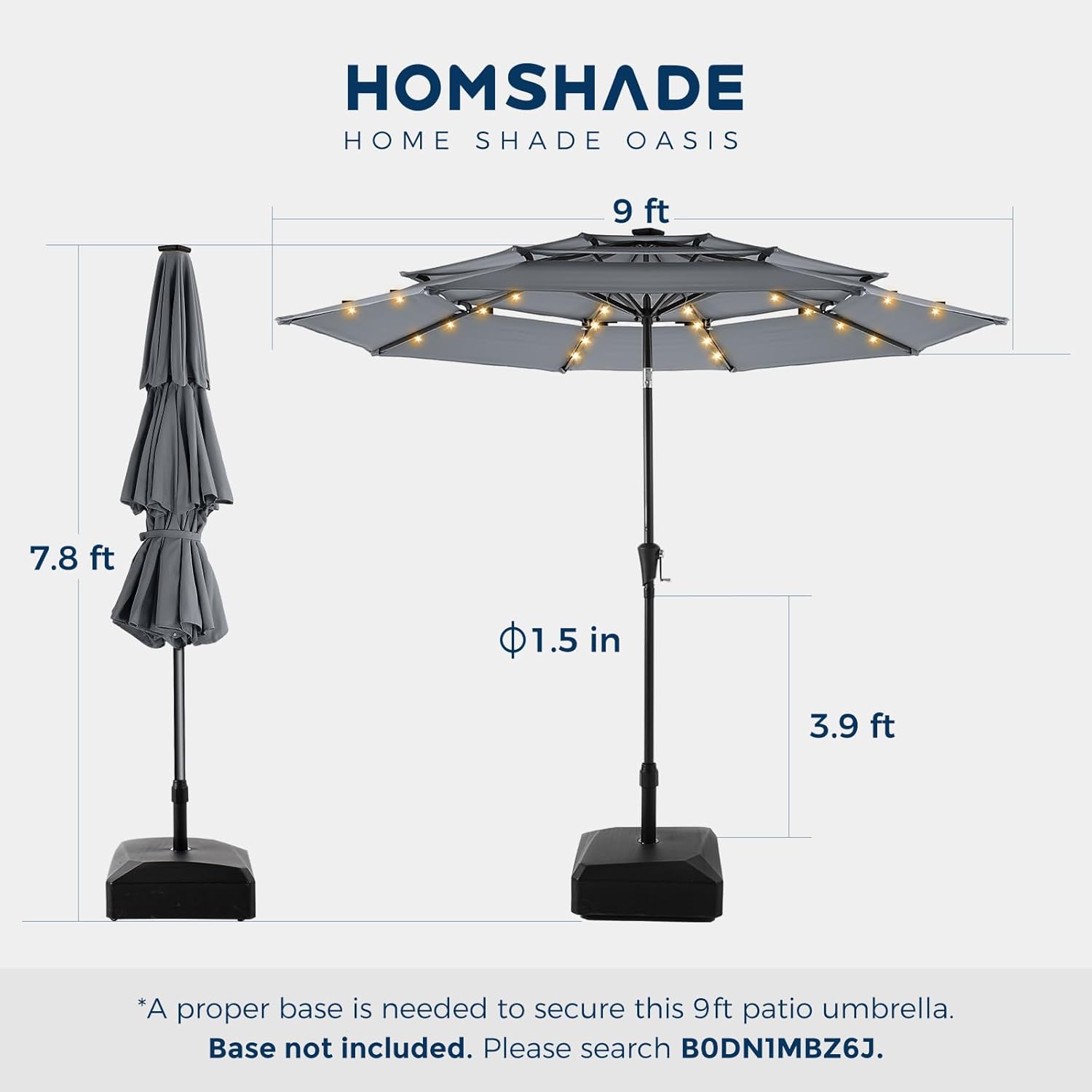 9 Feet 3-Tier Solar Patio Umbrella Heavy Duty, Vented Market Table Umbrella Windproof with 32 LED Lights,No Base