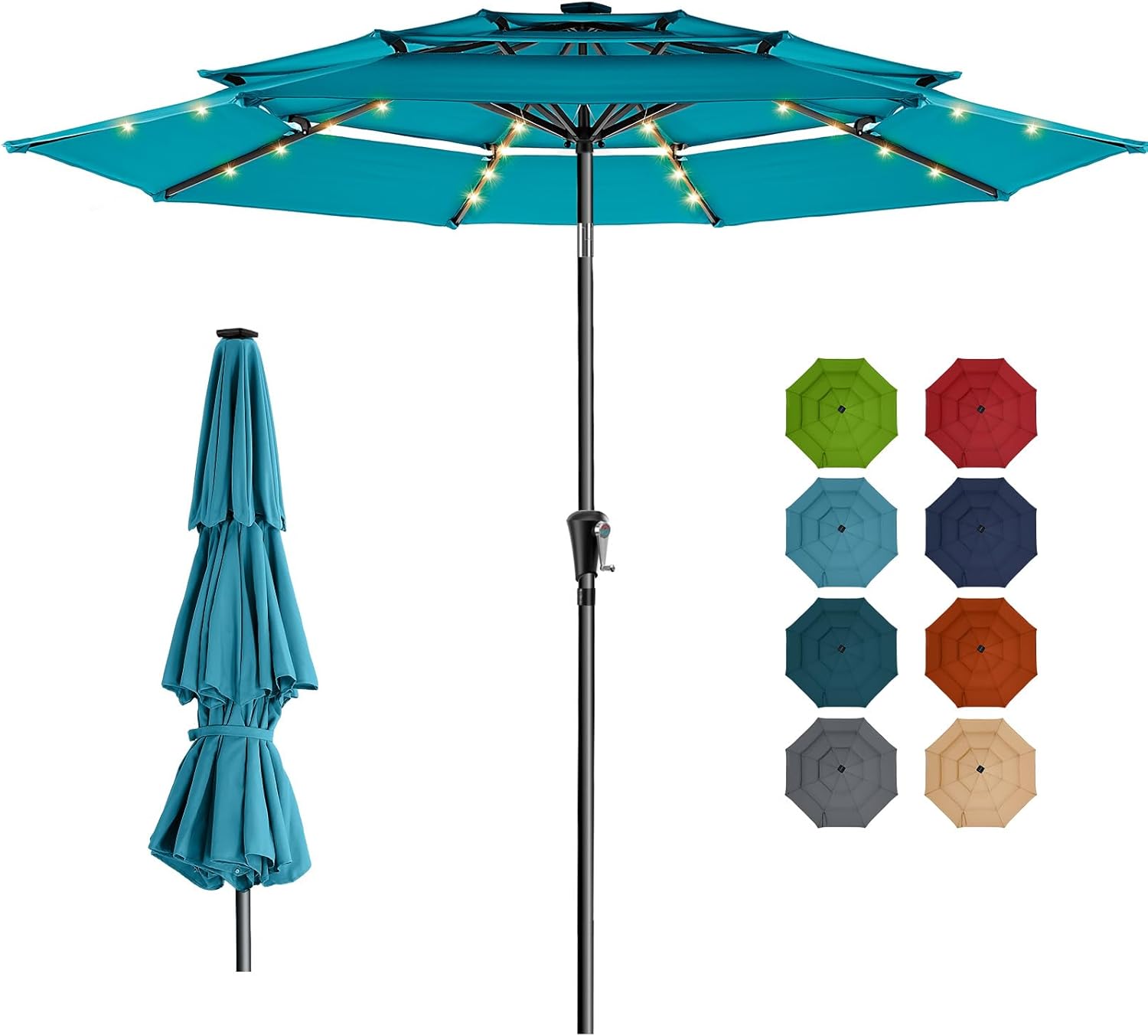 9 Feet 3-Tier Solar Patio Umbrella Heavy Duty, Vented Market Table Umbrella Windproof with 32 LED Lights,No Base