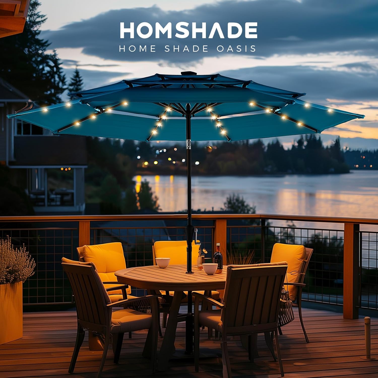 9 Feet 3-Tier Solar Patio Umbrella Heavy Duty, Vented Market Table Umbrella Windproof with 32 LED Lights,No Base