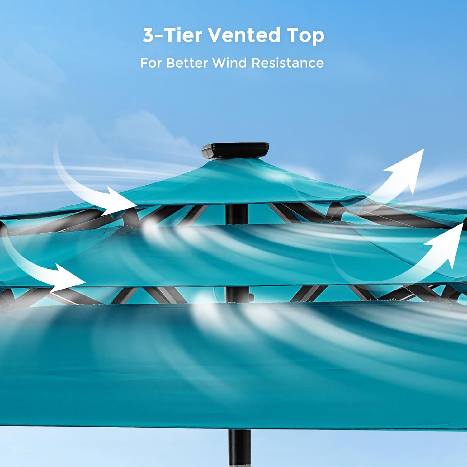 9 Feet 3-Tier Solar Patio Umbrella Heavy Duty, Vented Market Table Umbrella Windproof with 32 LED Lights,No Base