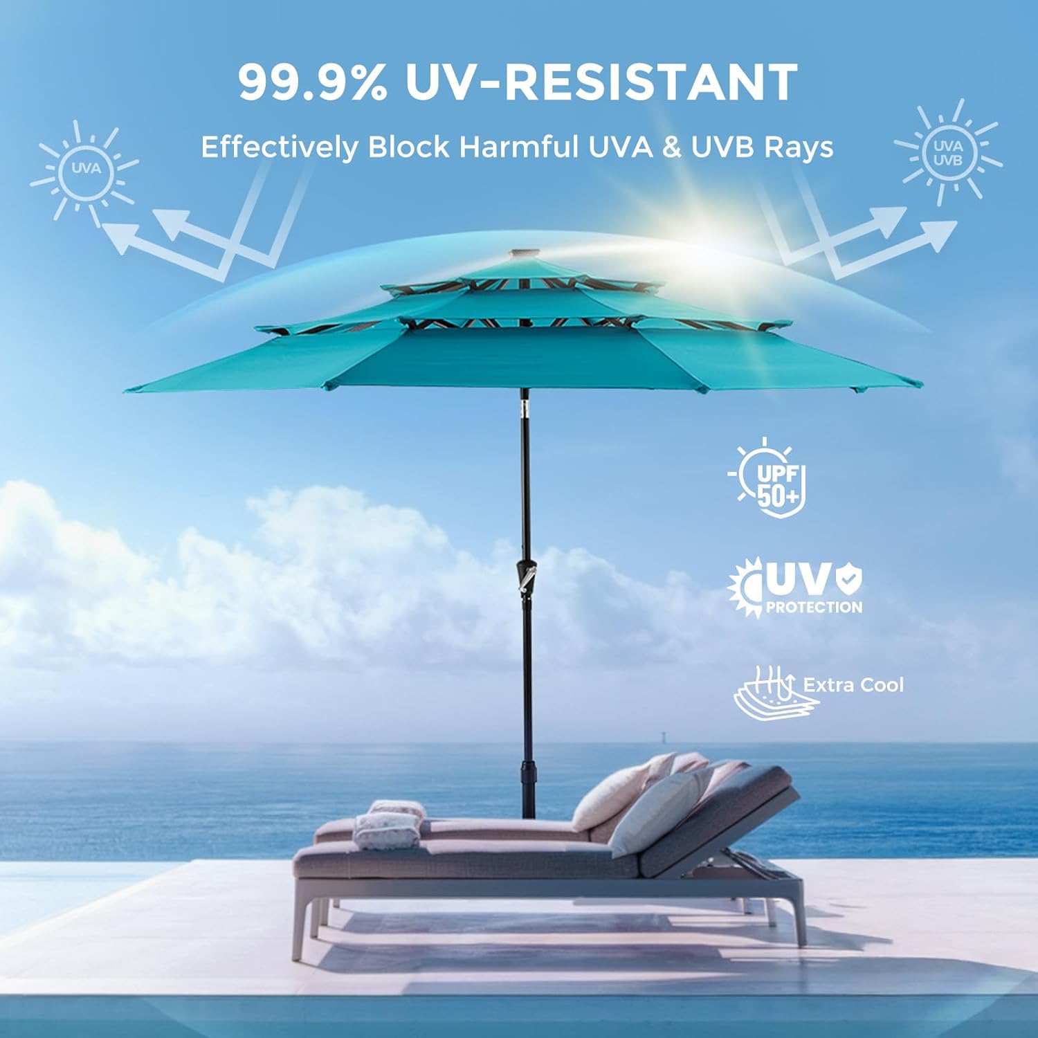 9 Feet 3-Tier Solar Patio Umbrella Heavy Duty, Vented Market Table Umbrella Windproof with 32 LED Lights,No Base