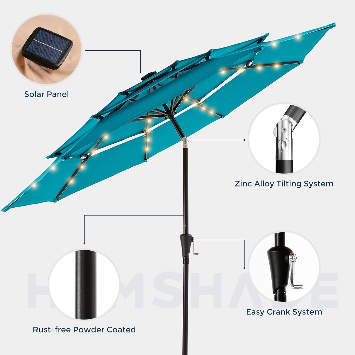 9 Feet 3-Tier Solar Patio Umbrella Heavy Duty, Vented Market Table Umbrella Windproof with 32 LED Lights,No Base