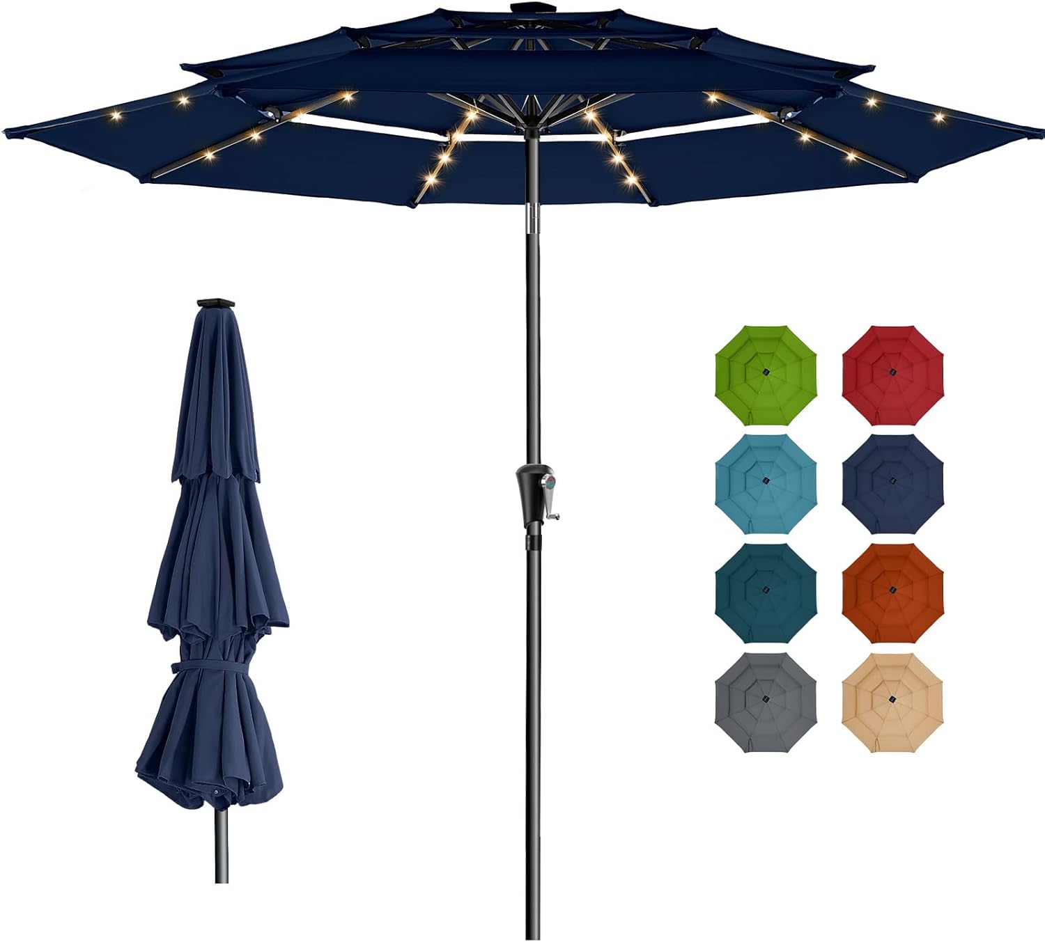 9 Feet 3-Tier Solar Patio Umbrella Heavy Duty, Vented Market Table Umbrella Windproof with 32 LED Lights,No Base