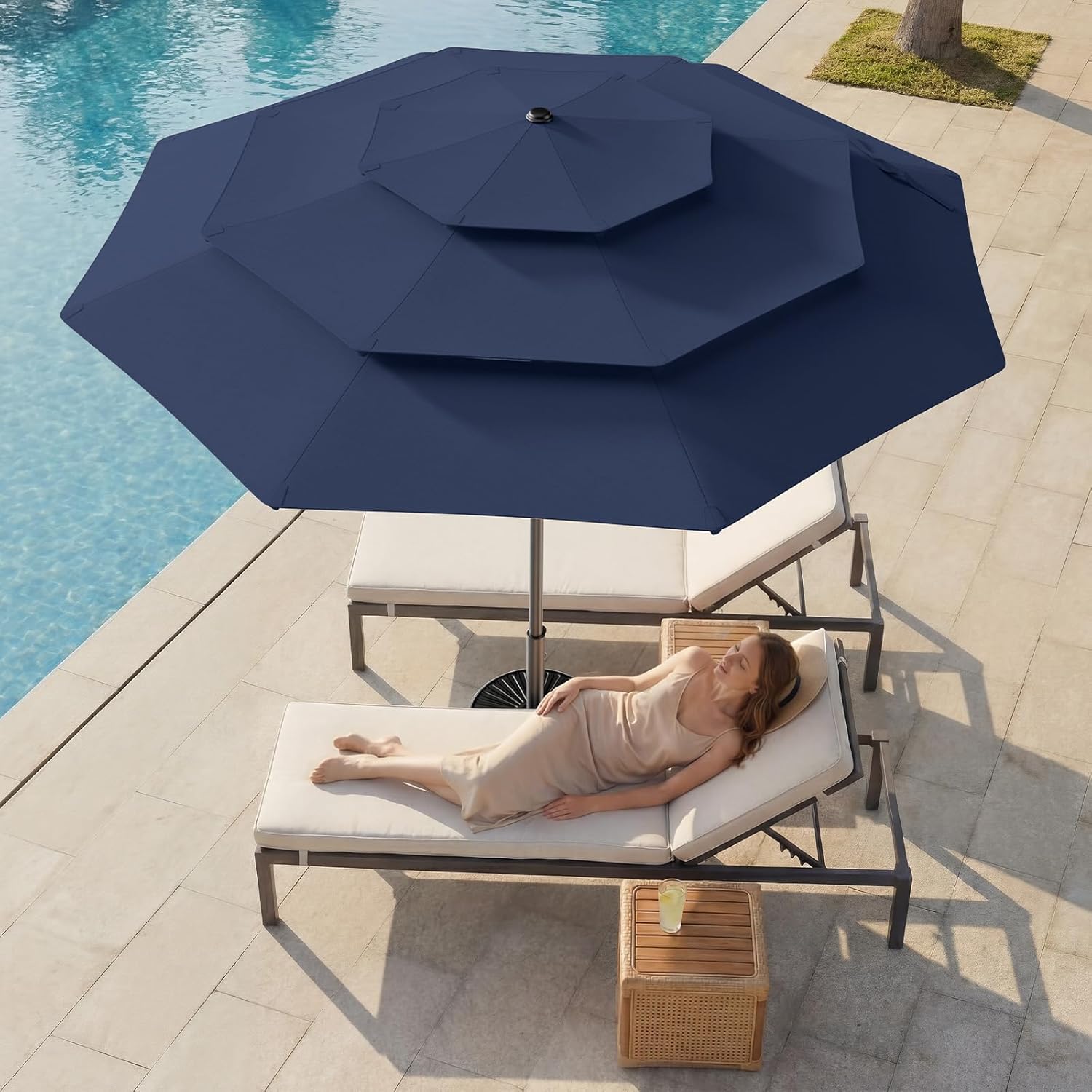9 Feet 3-Tier Solar Patio Umbrella Heavy Duty, Vented Market Table Umbrella Windproof with 32 LED Lights,No Base