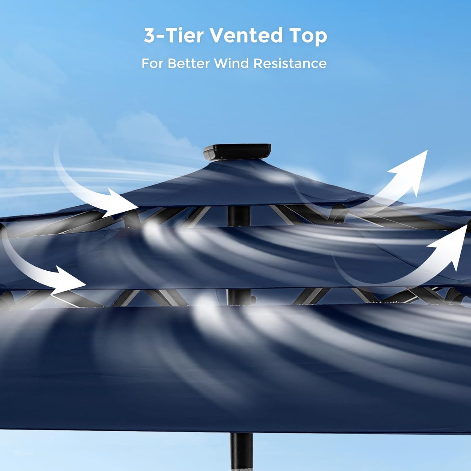 9 Feet 3-Tier Solar Patio Umbrella Heavy Duty, Vented Market Table Umbrella Windproof with 32 LED Lights,No Base