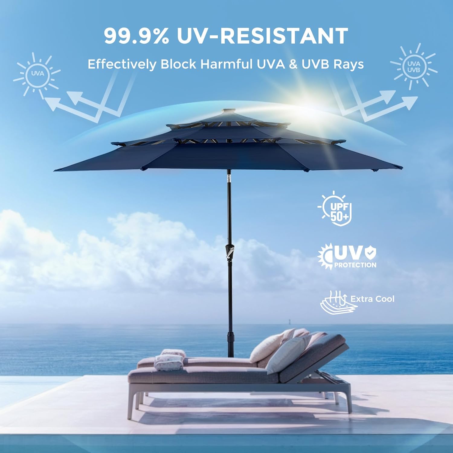 9 Feet 3-Tier Solar Patio Umbrella Heavy Duty, Vented Market Table Umbrella Windproof with 32 LED Lights,No Base
