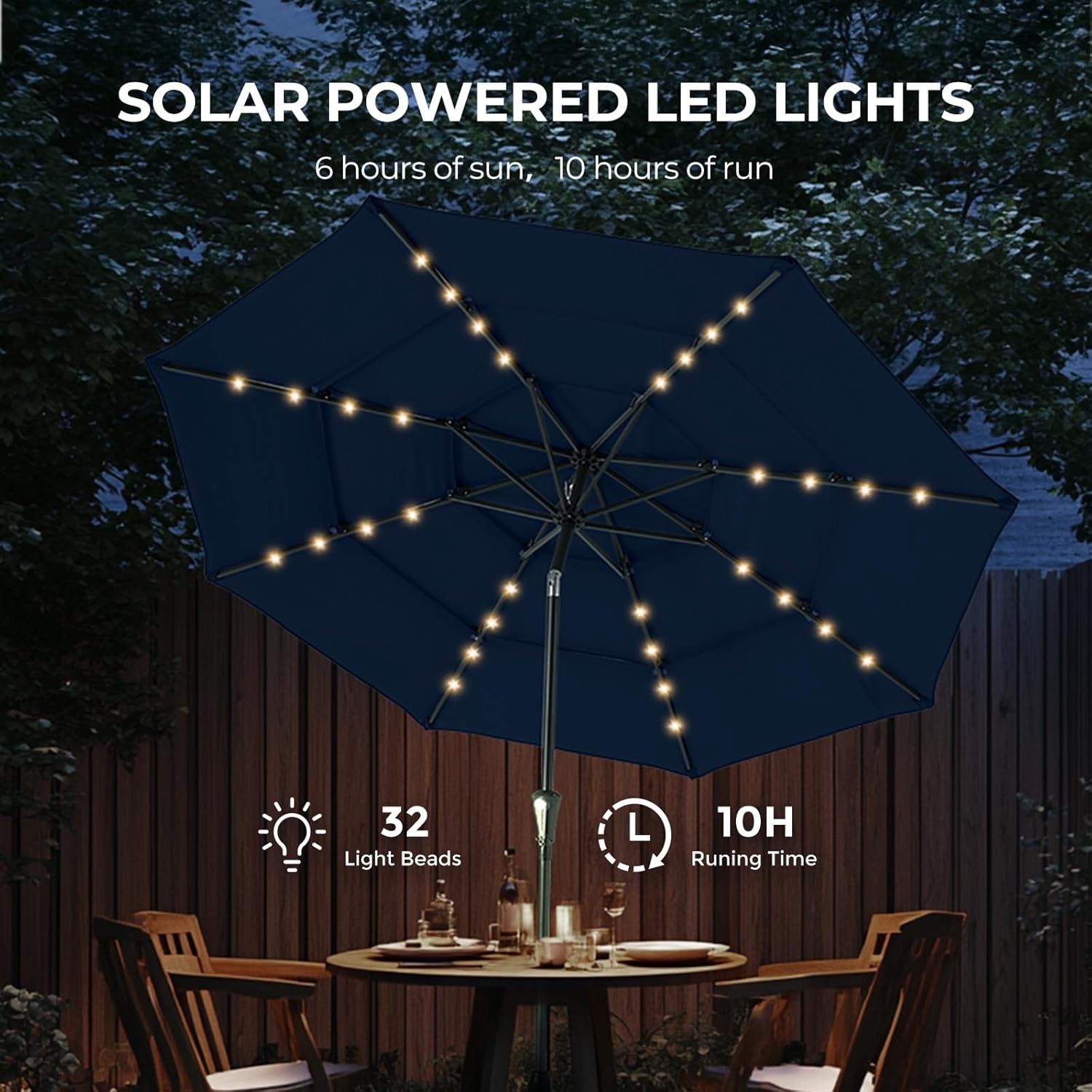 9 Feet 3-Tier Solar Patio Umbrella Heavy Duty, Vented Market Table Umbrella Windproof with 32 LED Lights,No Base