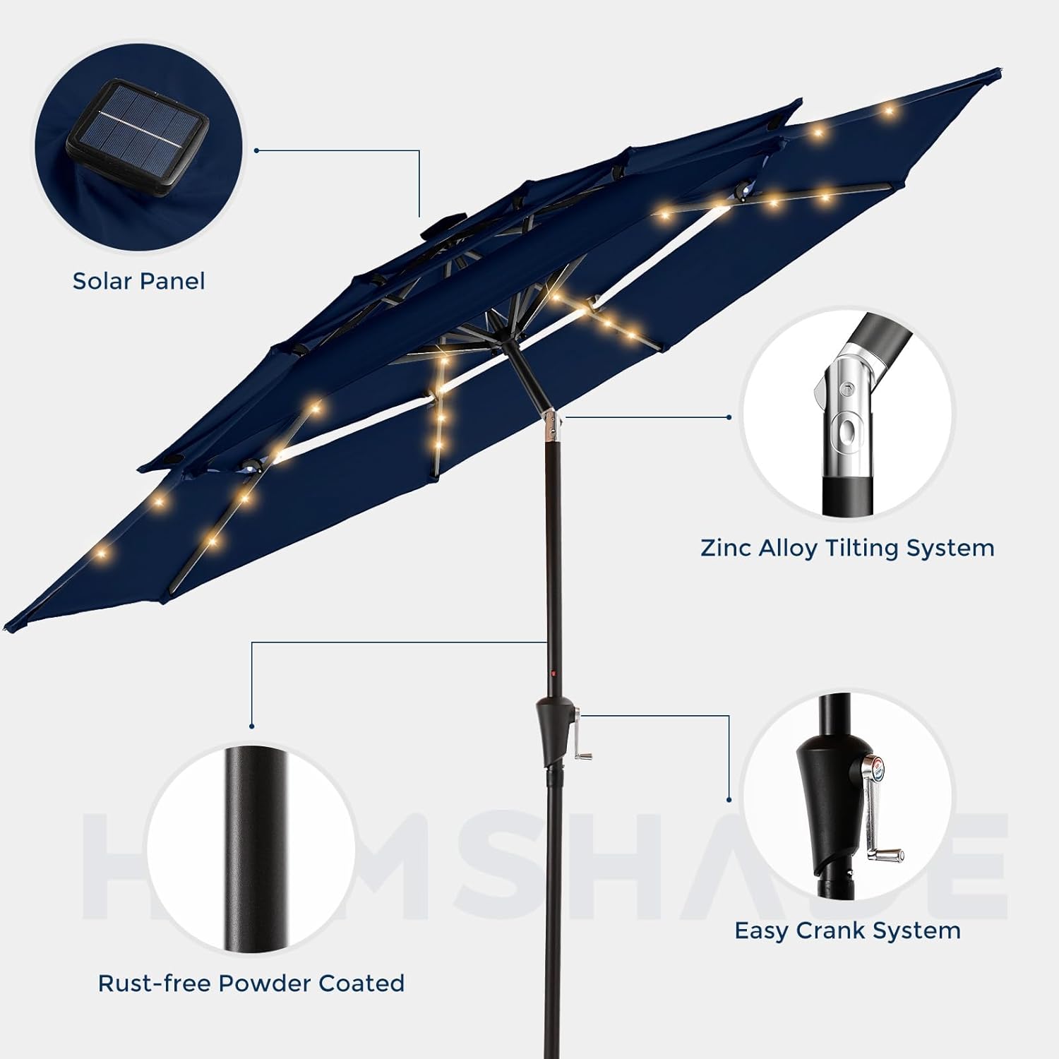9 Feet 3-Tier Solar Patio Umbrella Heavy Duty, Vented Market Table Umbrella Windproof with 32 LED Lights,No Base