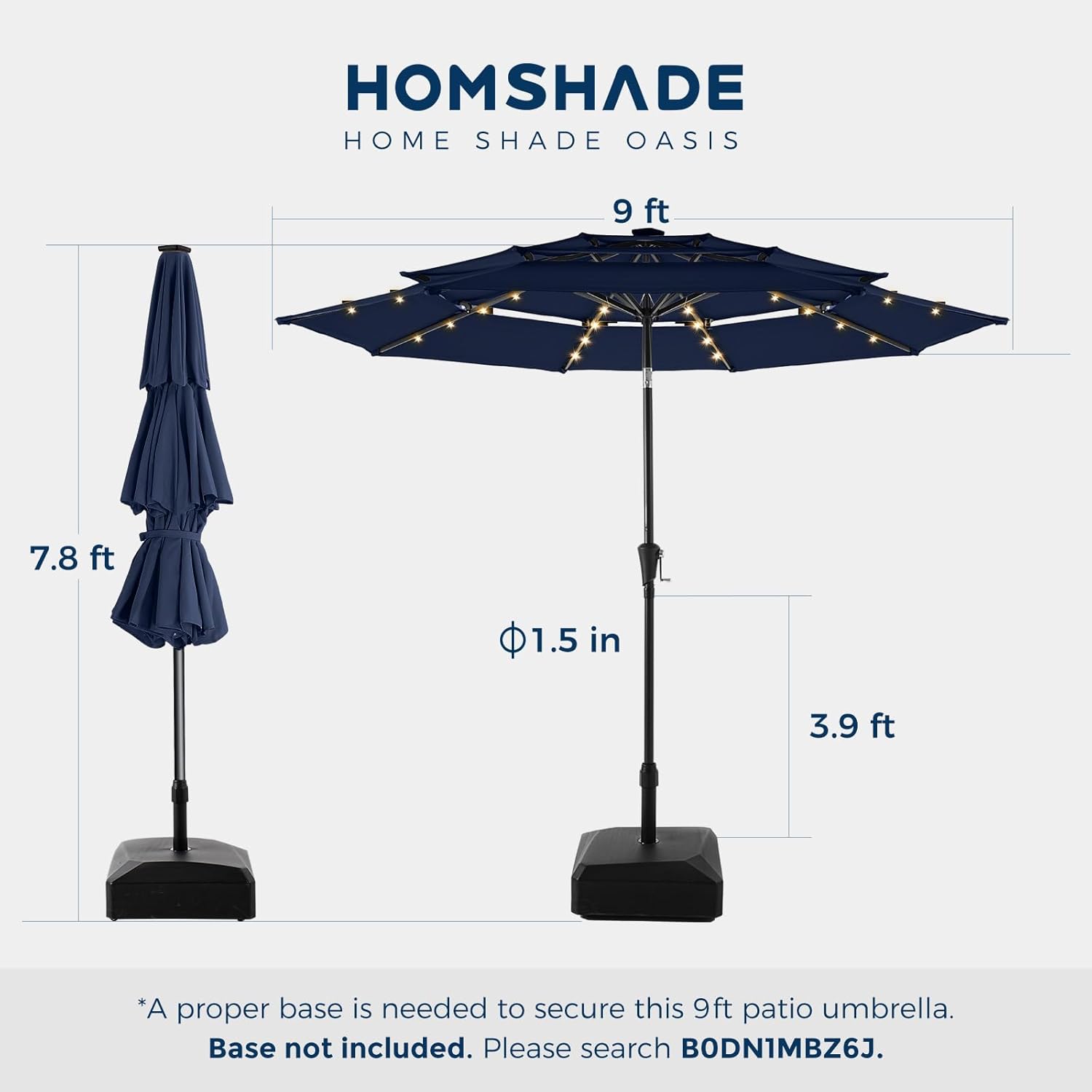 9 Feet 3-Tier Solar Patio Umbrella Heavy Duty, Vented Market Table Umbrella Windproof with 32 LED Lights,No Base