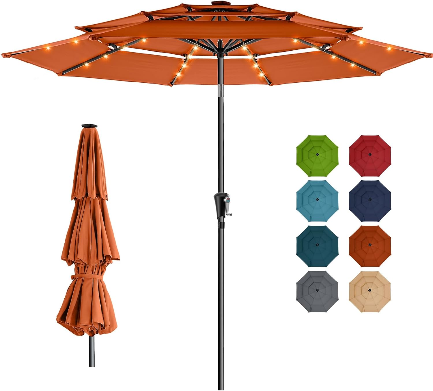9 Feet 3-Tier Solar Patio Umbrella Heavy Duty, Vented Market Table Umbrella Windproof with 32 LED Lights,No Base