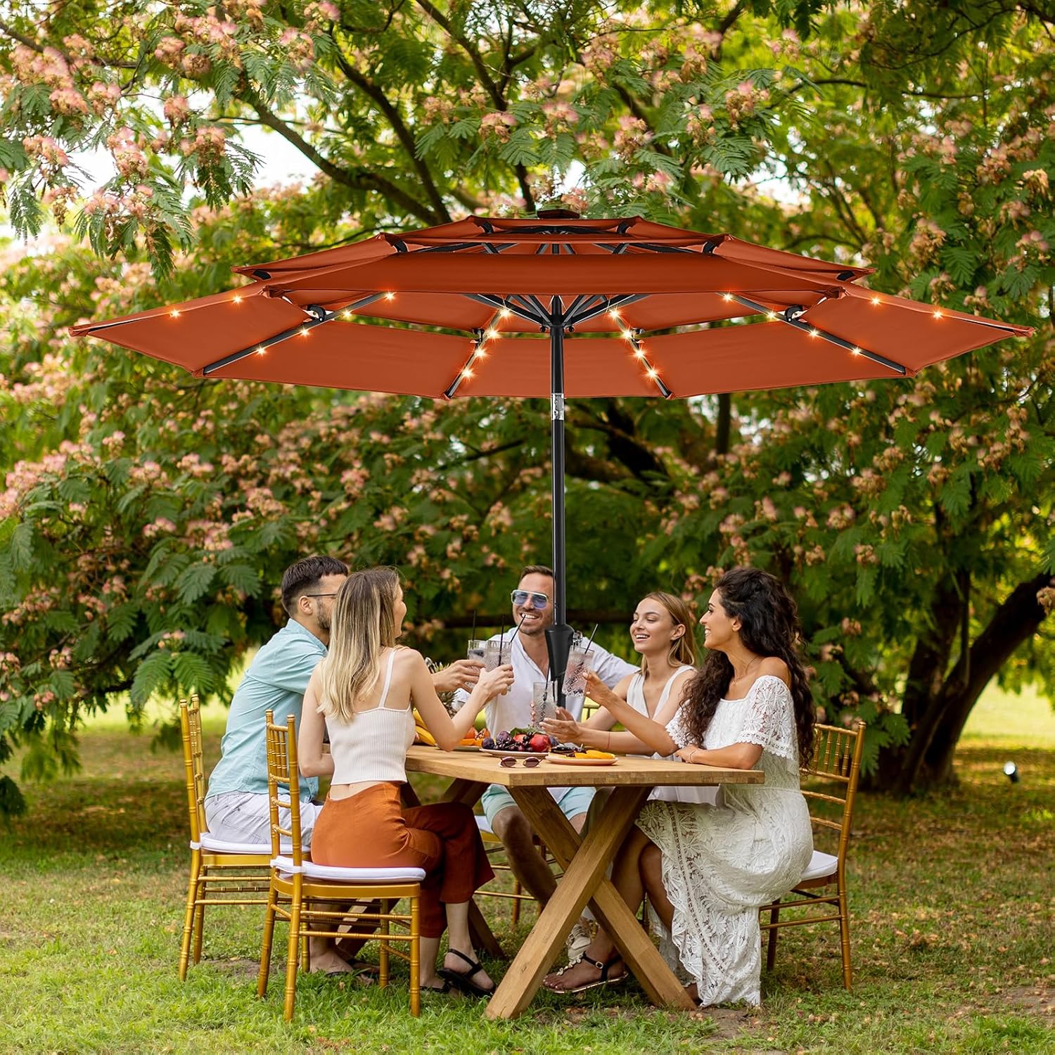 9 Feet 3-Tier Solar Patio Umbrella Heavy Duty, Vented Market Table Umbrella Windproof with 32 LED Lights,No Base