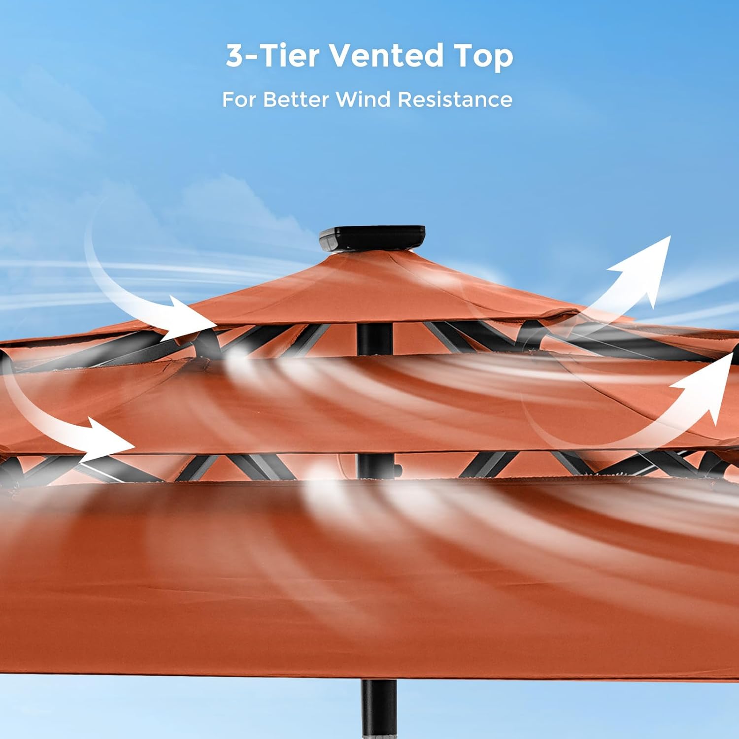 9 Feet 3-Tier Solar Patio Umbrella Heavy Duty, Vented Market Table Umbrella Windproof with 32 LED Lights,No Base