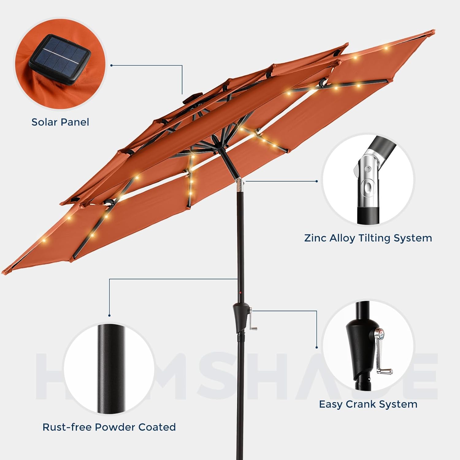 9 Feet 3-Tier Solar Patio Umbrella Heavy Duty, Vented Market Table Umbrella Windproof with 32 LED Lights,No Base