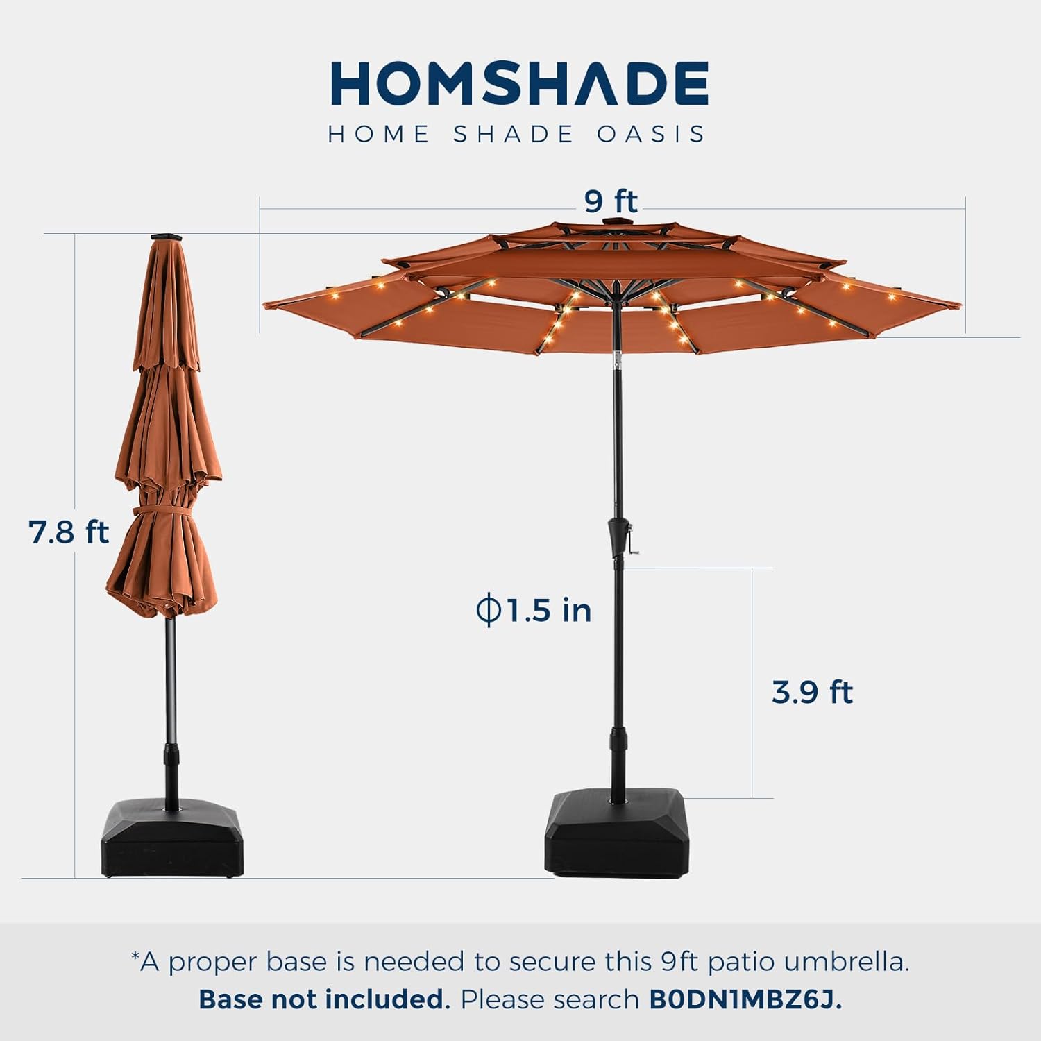 9 Feet 3-Tier Solar Patio Umbrella Heavy Duty, Vented Market Table Umbrella Windproof with 32 LED Lights,No Base