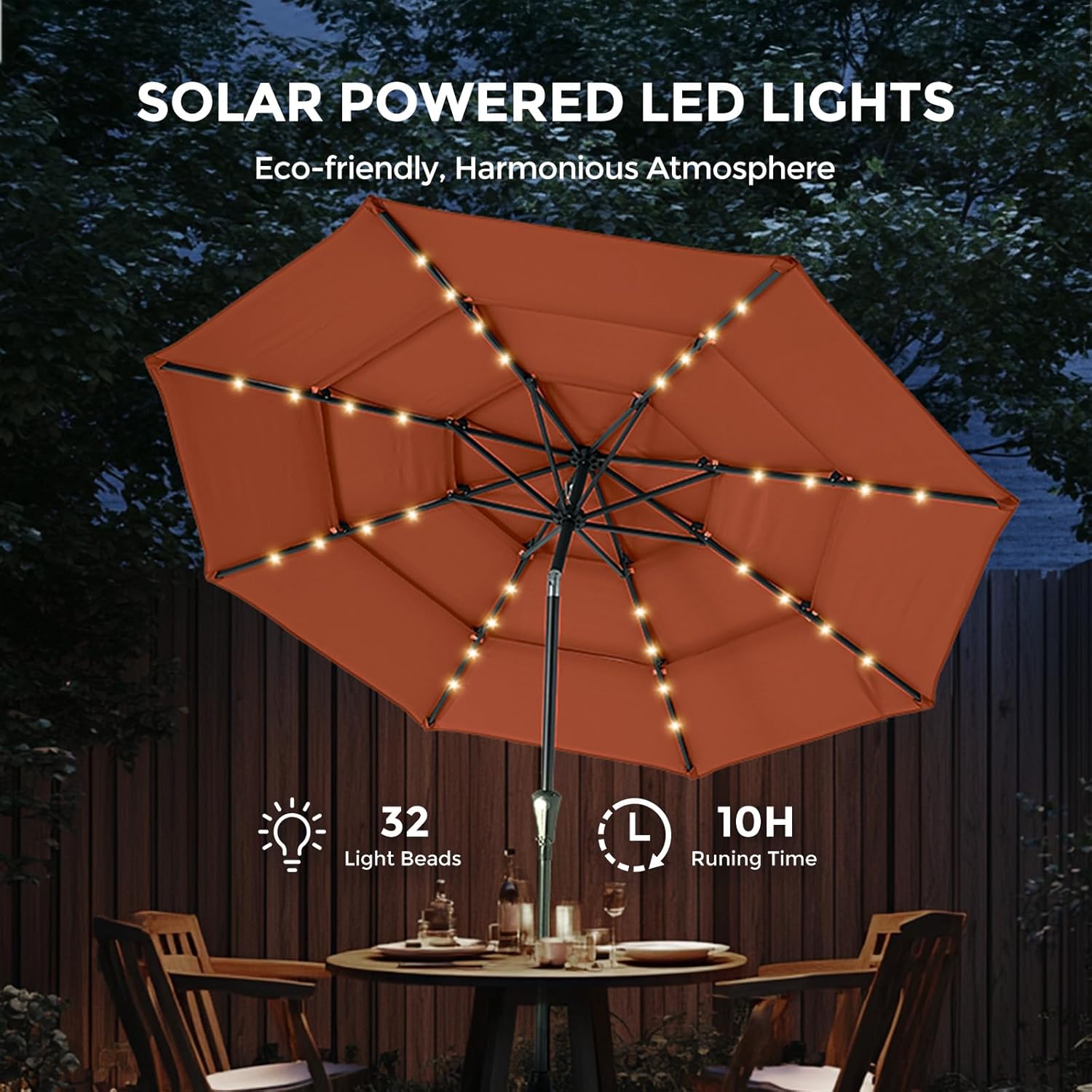 9 Feet 3-Tier Solar Patio Umbrella Heavy Duty, Vented Market Table Umbrella Windproof with 32 LED Lights,No Base