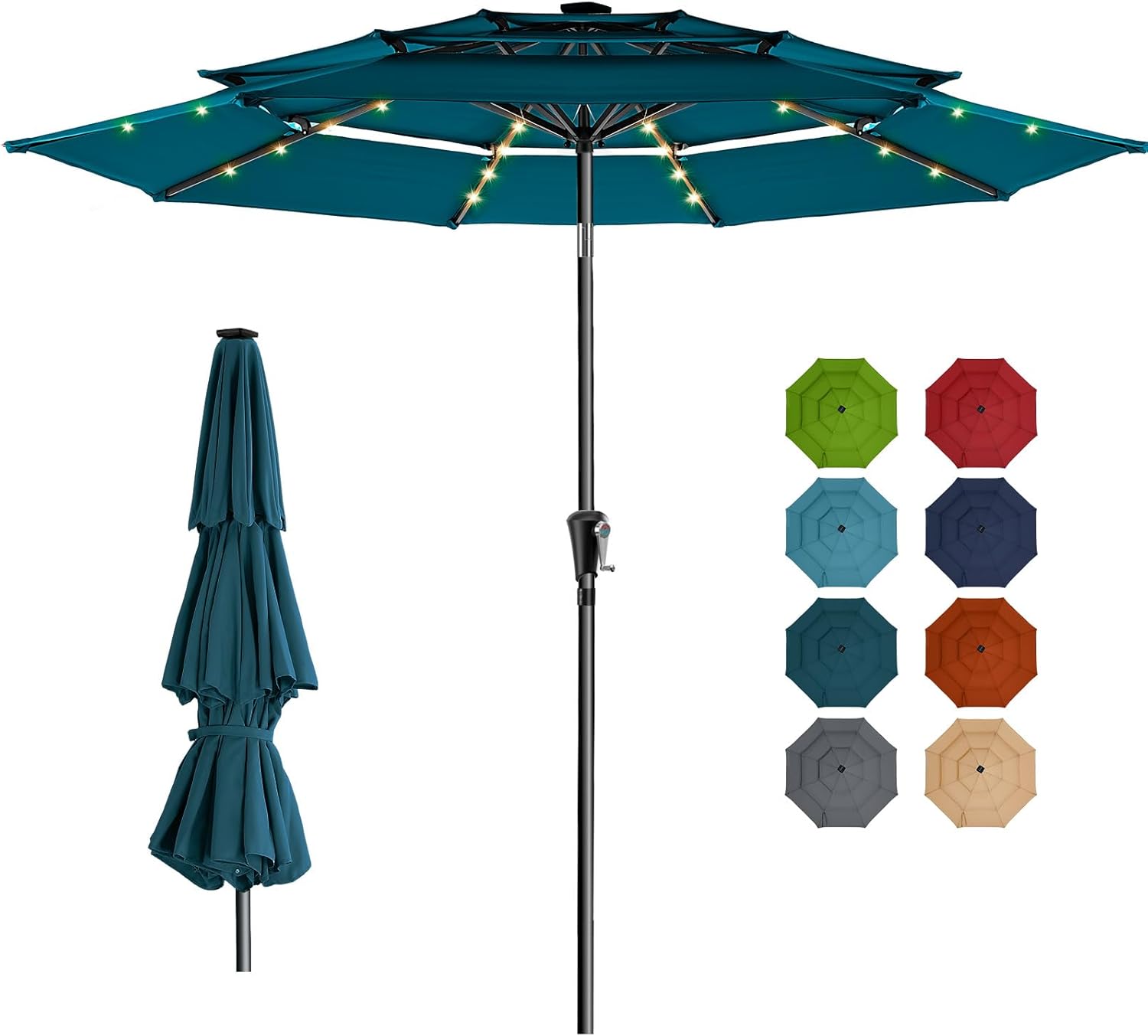 9 Feet 3-Tier Solar Patio Umbrella Heavy Duty, Vented Market Table Umbrella Windproof with 32 LED Lights,No Base