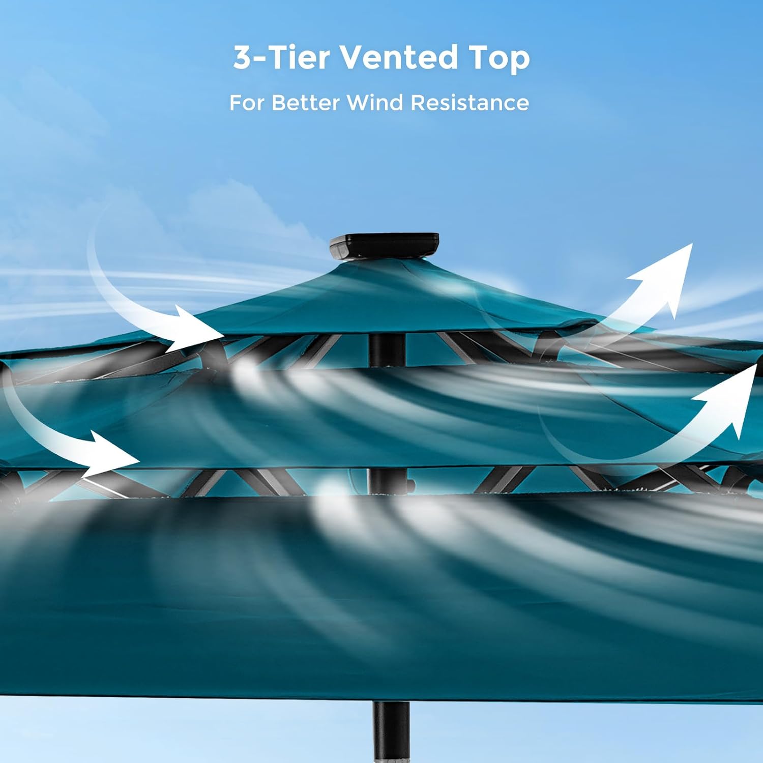 9 Feet 3-Tier Solar Patio Umbrella Heavy Duty, Vented Market Table Umbrella Windproof with 32 LED Lights,No Base