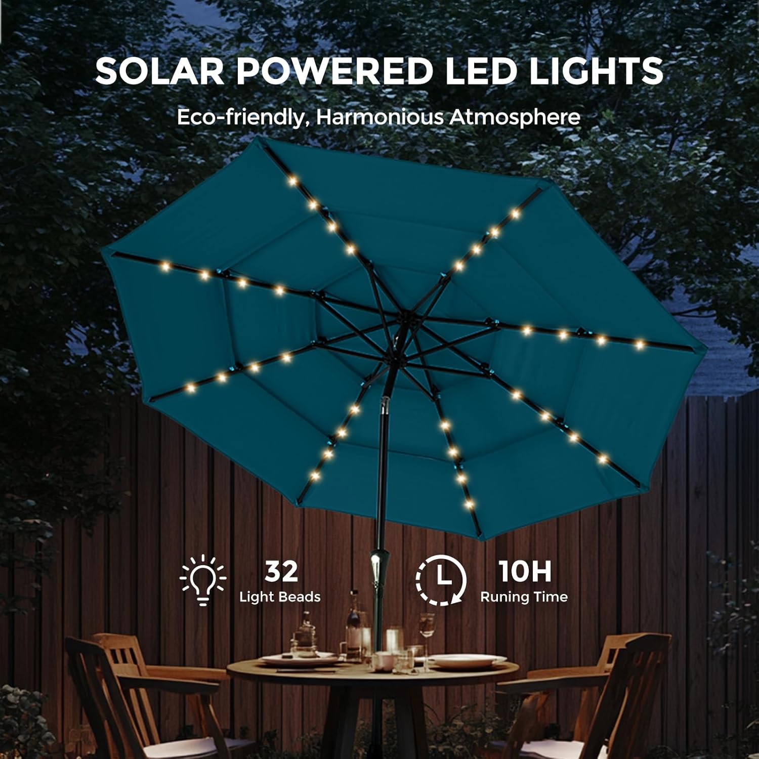 9 Feet 3-Tier Solar Patio Umbrella Heavy Duty, Vented Market Table Umbrella Windproof with 32 LED Lights,No Base