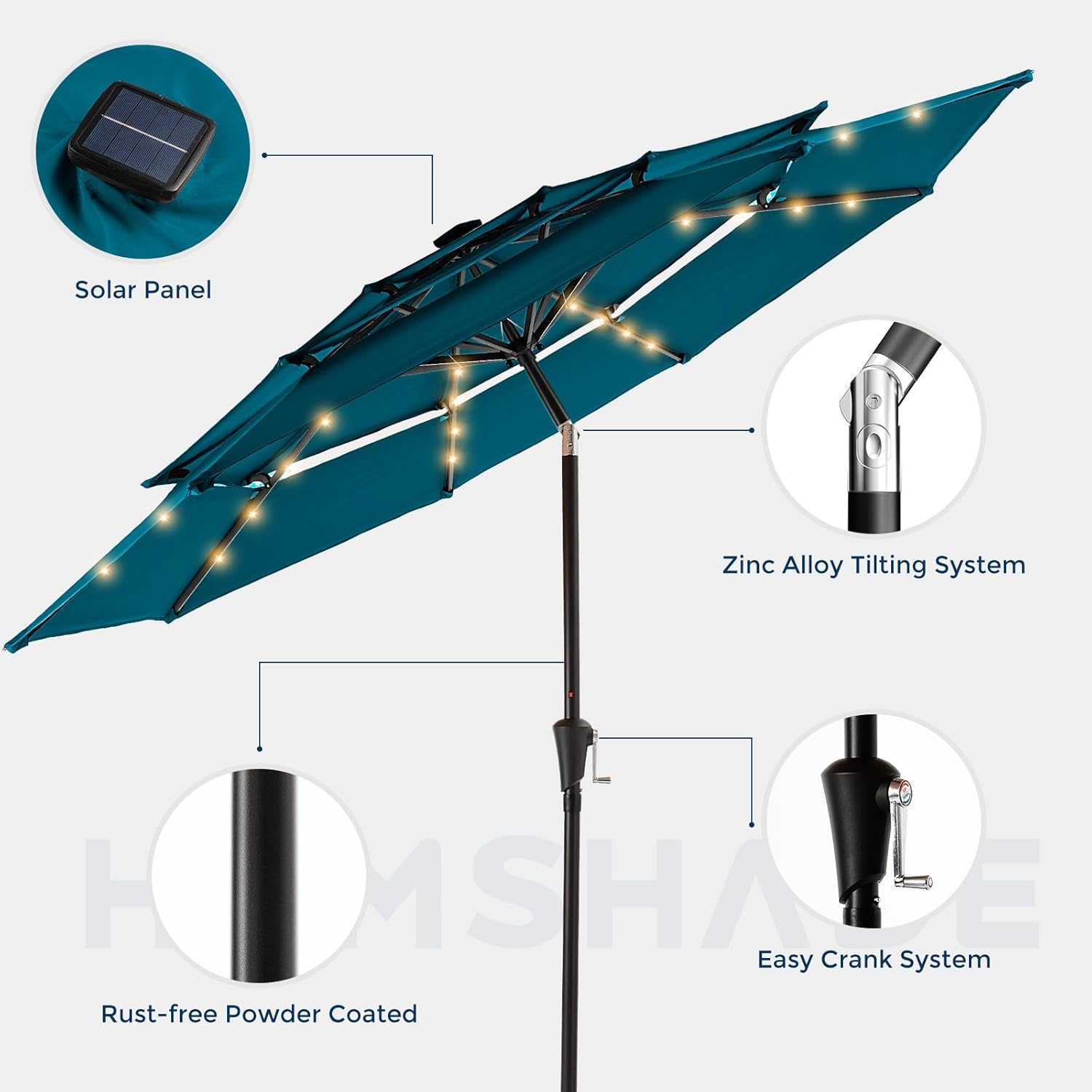 9 Feet 3-Tier Solar Patio Umbrella Heavy Duty, Vented Market Table Umbrella Windproof with 32 LED Lights,No Base