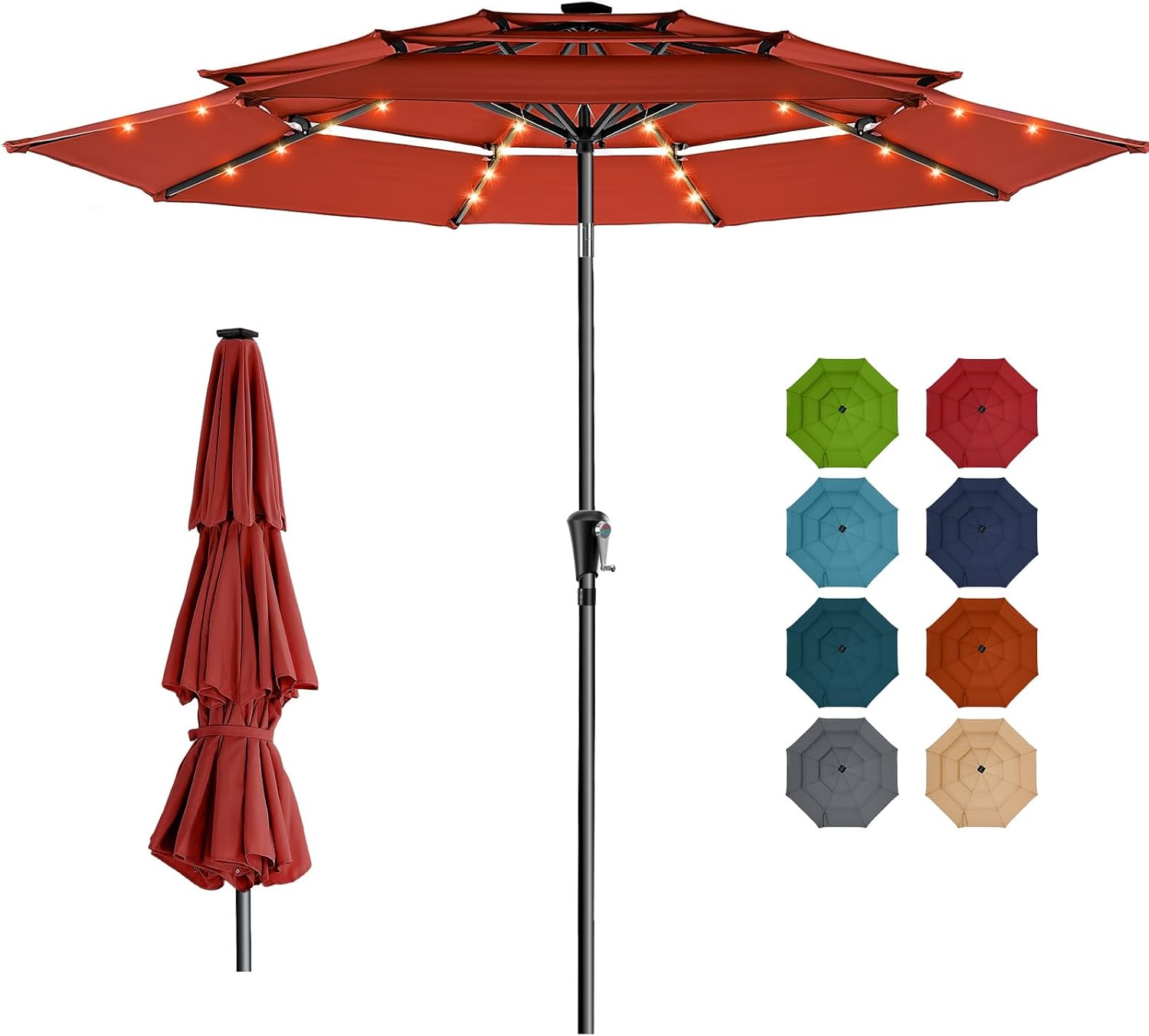 9 Feet 3-Tier Solar Patio Umbrella Heavy Duty, Vented Market Table Umbrella Windproof with 32 LED Lights,No Base
