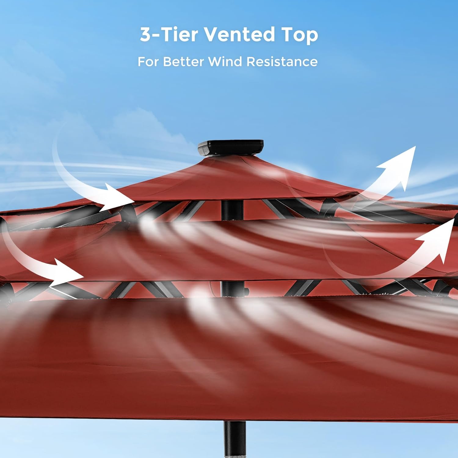 9 Feet 3-Tier Solar Patio Umbrella Heavy Duty, Vented Market Table Umbrella Windproof with 32 LED Lights,No Base